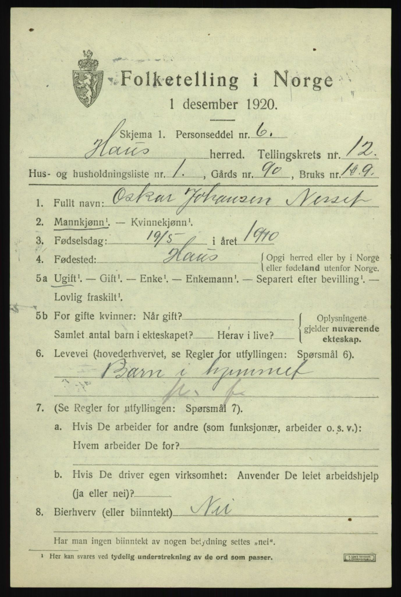 SAB, 1920 census for Haus, 1920, p. 7445