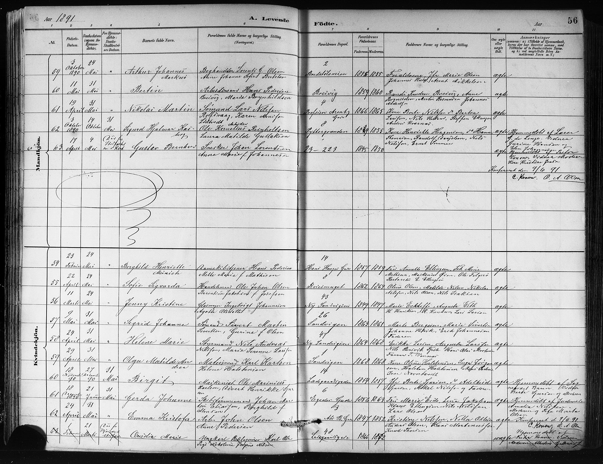 Sandviken Sokneprestembete, AV/SAB-A-77601/H/Hb/L0002: Parish register (copy) no. A 3, 1888-1902, p. 56