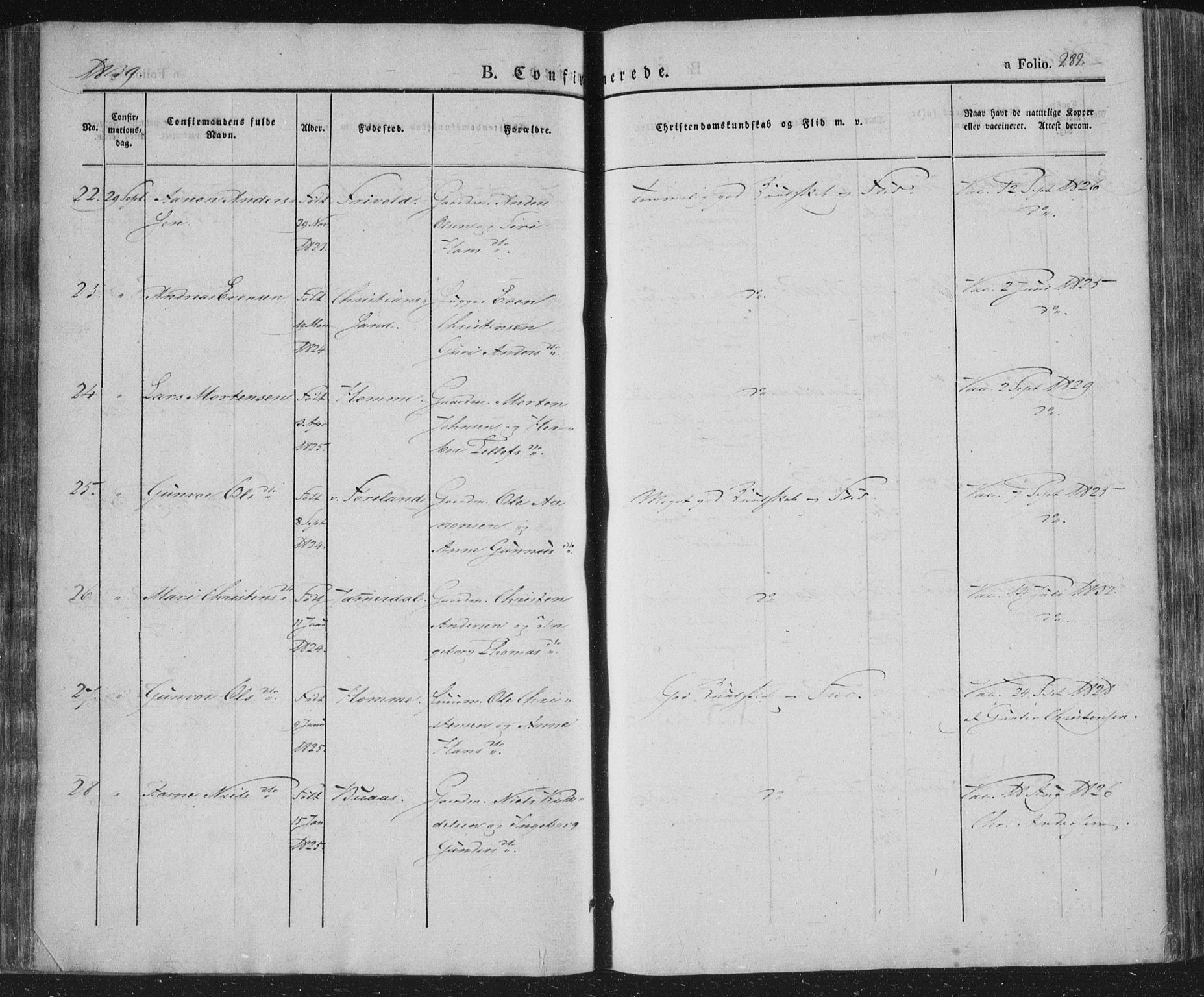 Vennesla sokneprestkontor, AV/SAK-1111-0045/Fa/Fac/L0004: Parish register (official) no. A 4, 1834-1855, p. 282