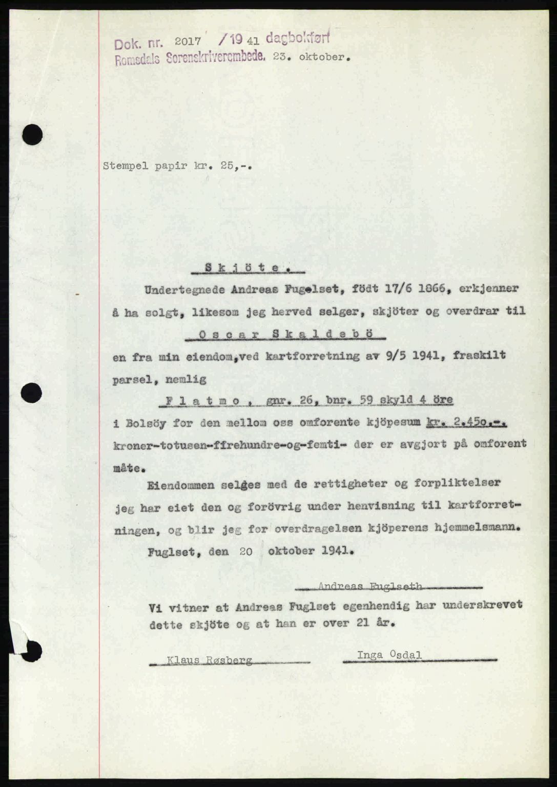 Romsdal sorenskriveri, AV/SAT-A-4149/1/2/2C: Mortgage book no. A11, 1941-1942, Diary no: : 2017/1941