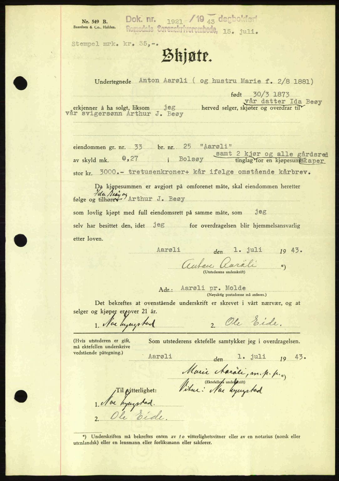 Romsdal sorenskriveri, AV/SAT-A-4149/1/2/2C: Mortgage book no. A14, 1943-1943, Diary no: : 1221/1943