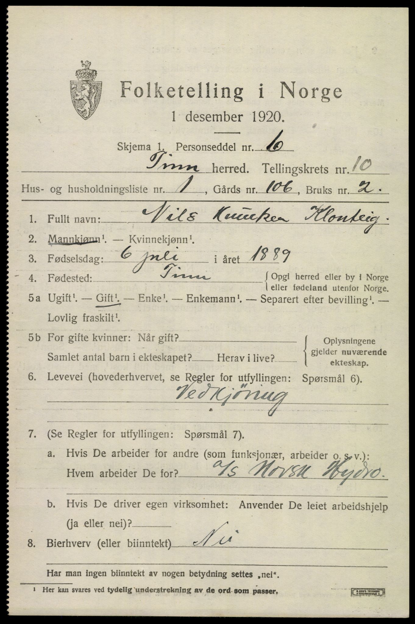 SAKO, 1920 census for Tinn, 1920, p. 6354