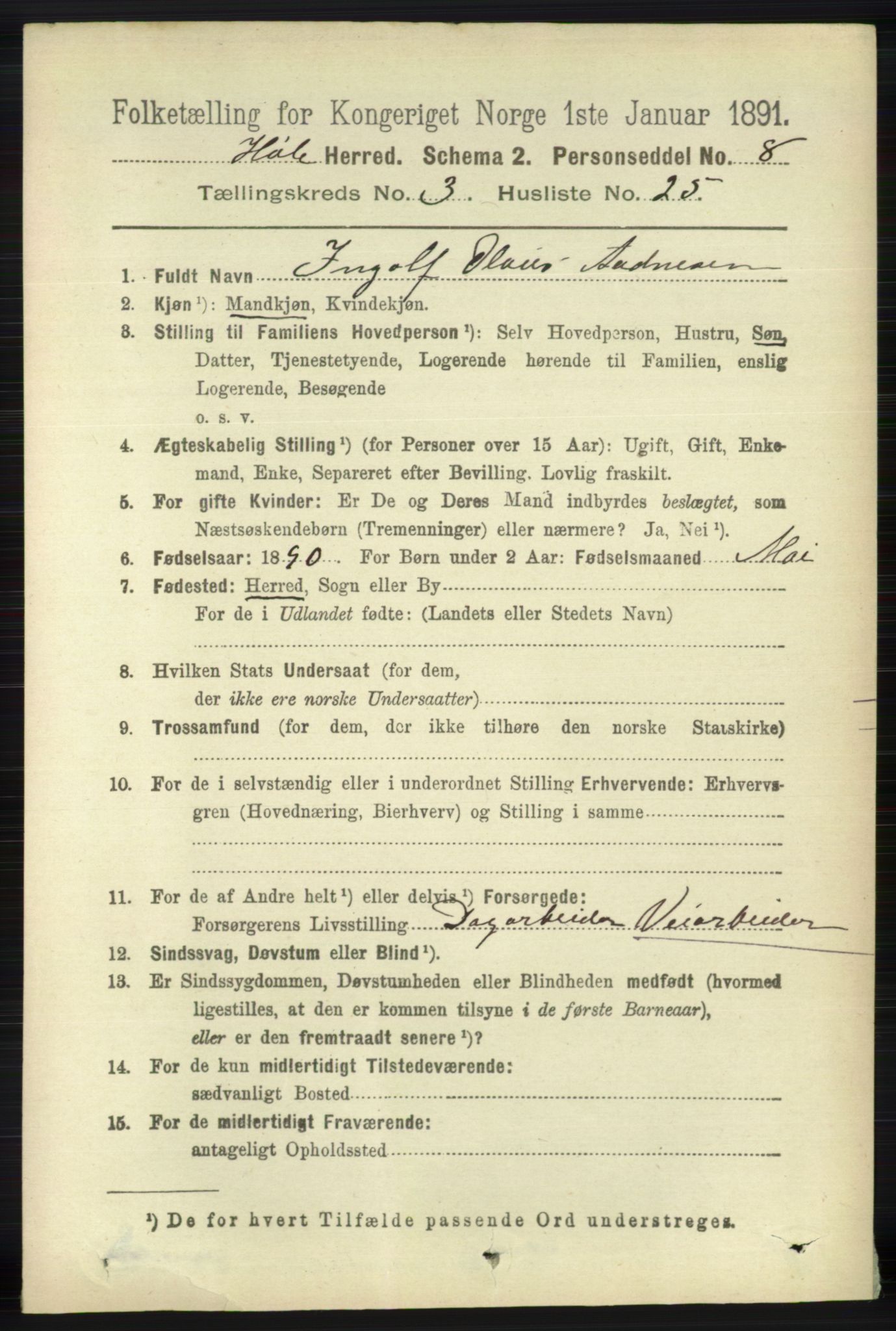 RA, 1891 census for 1128 Høle, 1891, p. 813