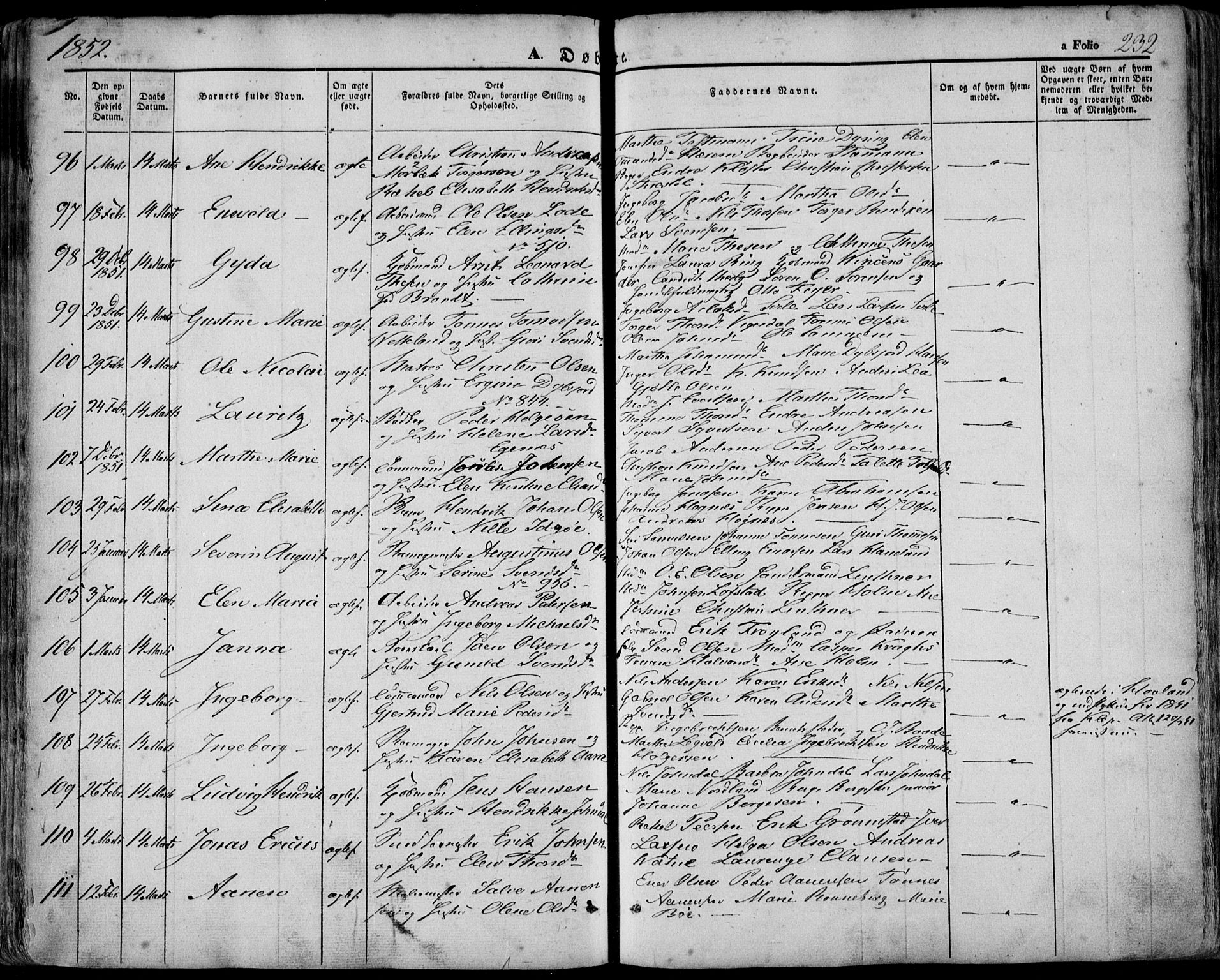 Domkirken sokneprestkontor, SAST/A-101812/001/30/30BA/L0016: Parish register (official) no. A 15, 1844-1854, p. 232