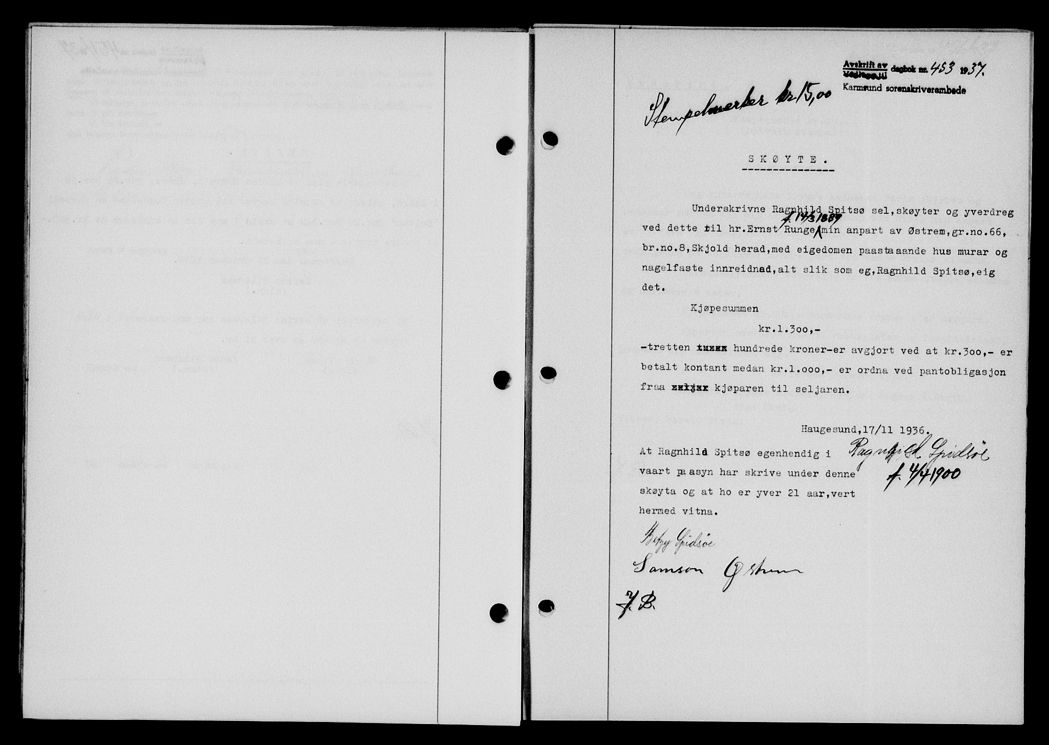 Karmsund sorenskriveri, AV/SAST-A-100311/01/II/IIB/L0067: Mortgage book no. 48A, 1936-1937, Diary no: : 453/1937