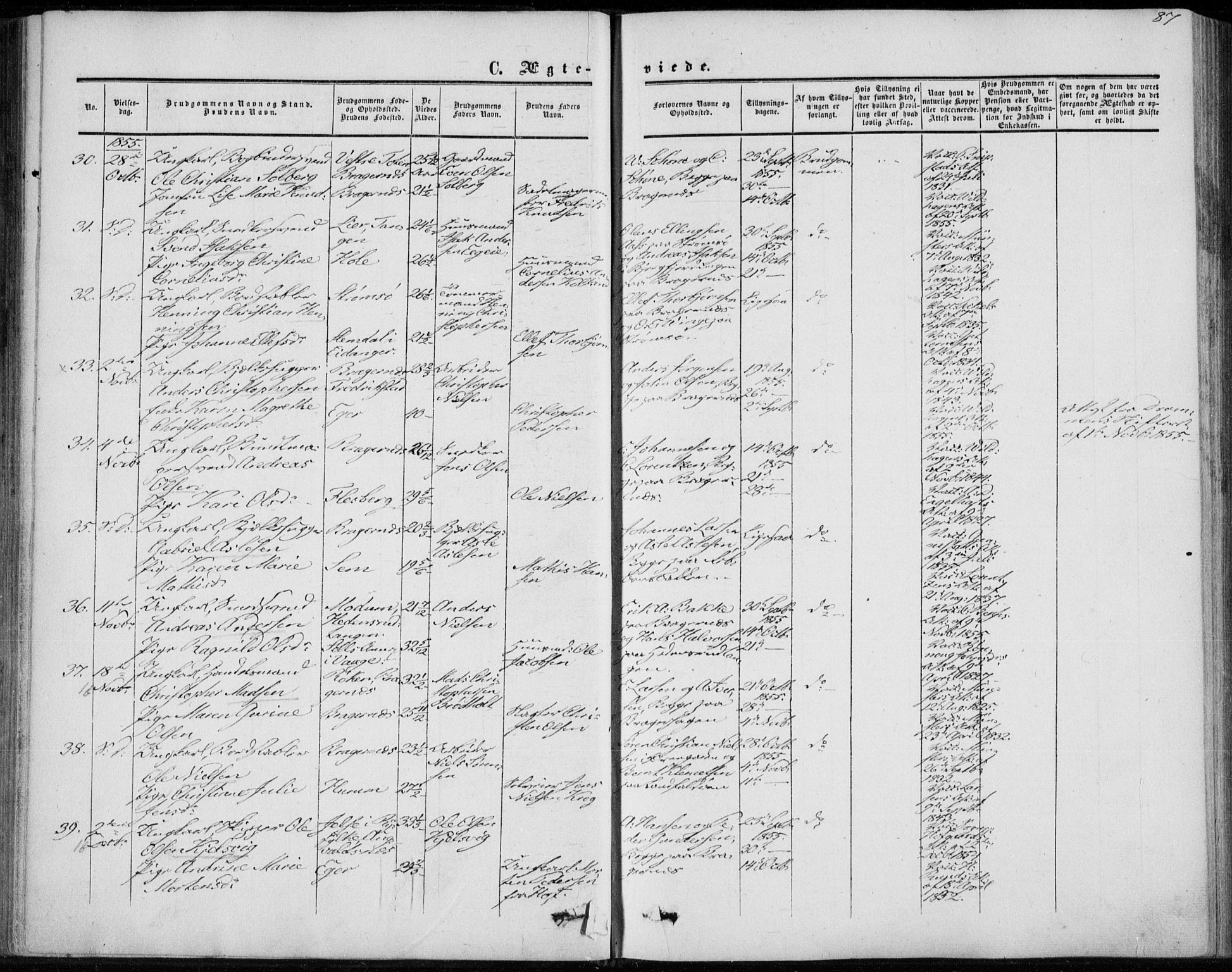 Bragernes kirkebøker, AV/SAKO-A-6/F/Fc/L0002: Parish register (official) no. III 2, 1854-1865, p. 87