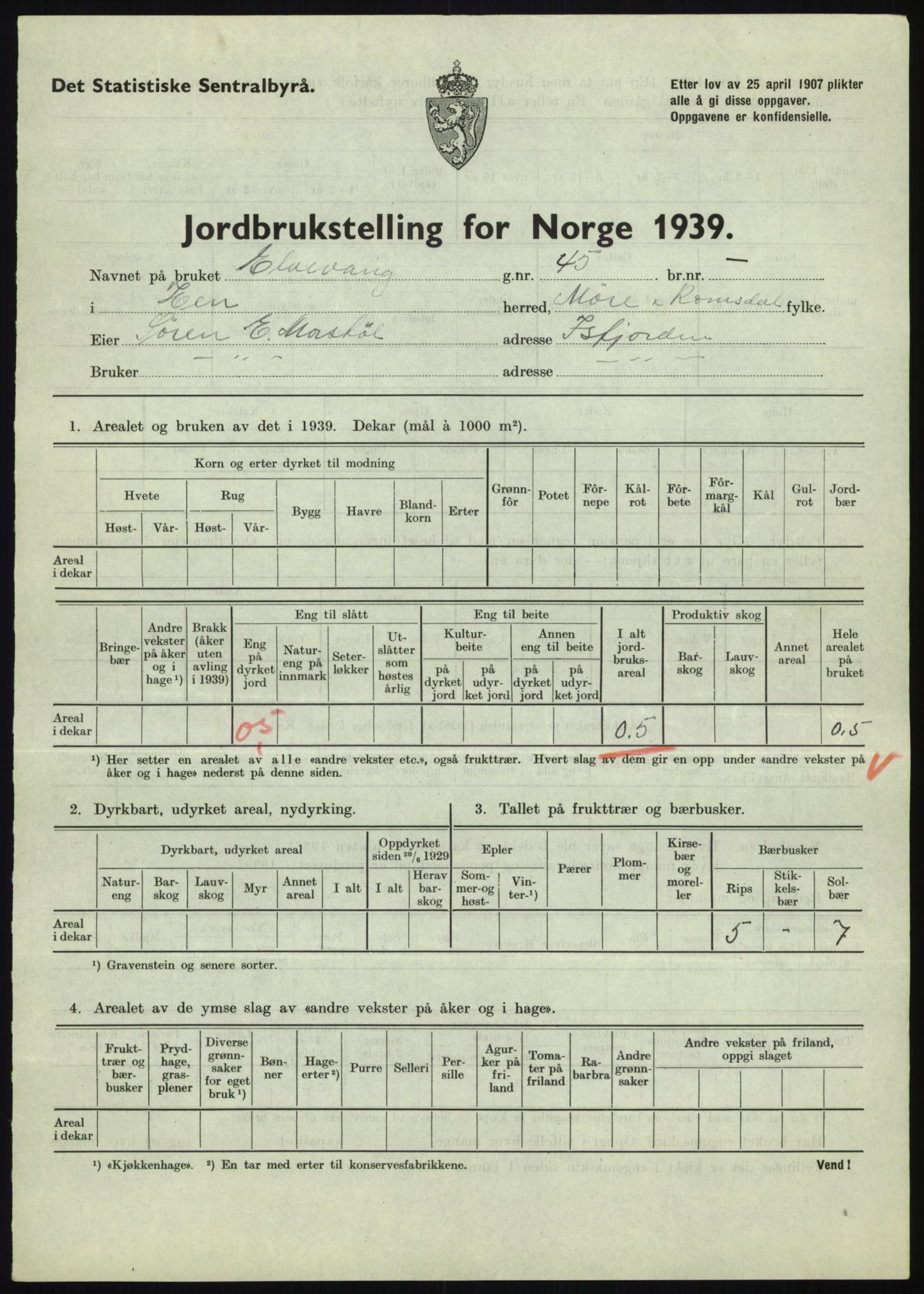 Statistisk sentralbyrå, Næringsøkonomiske emner, Jordbruk, skogbruk, jakt, fiske og fangst, AV/RA-S-2234/G/Gb/L0251: Møre og Romsdal: Voll, Eid, Grytten og Hen, 1939, p. 937