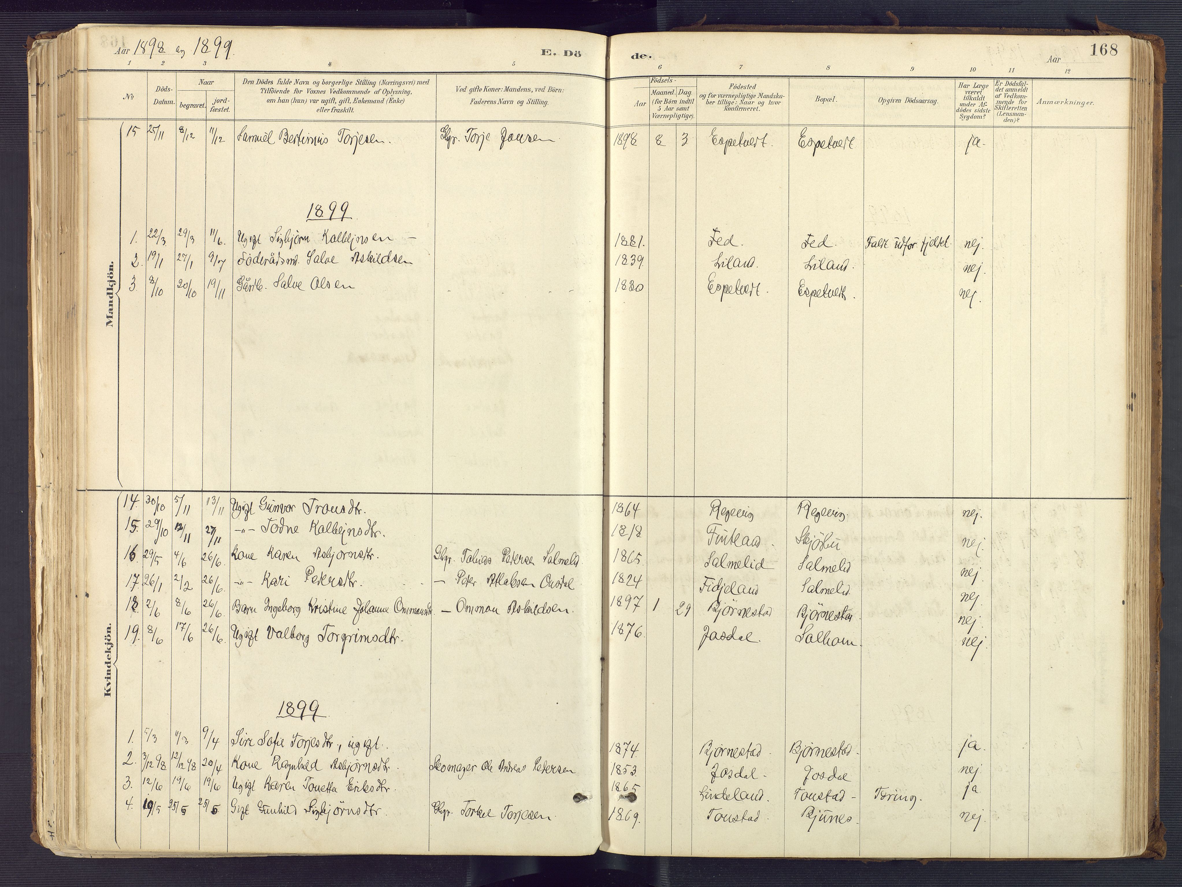 Sirdal sokneprestkontor, AV/SAK-1111-0036/F/Fa/Fab/L0004: Parish register (official) no. A 4, 1887-1919, p. 168