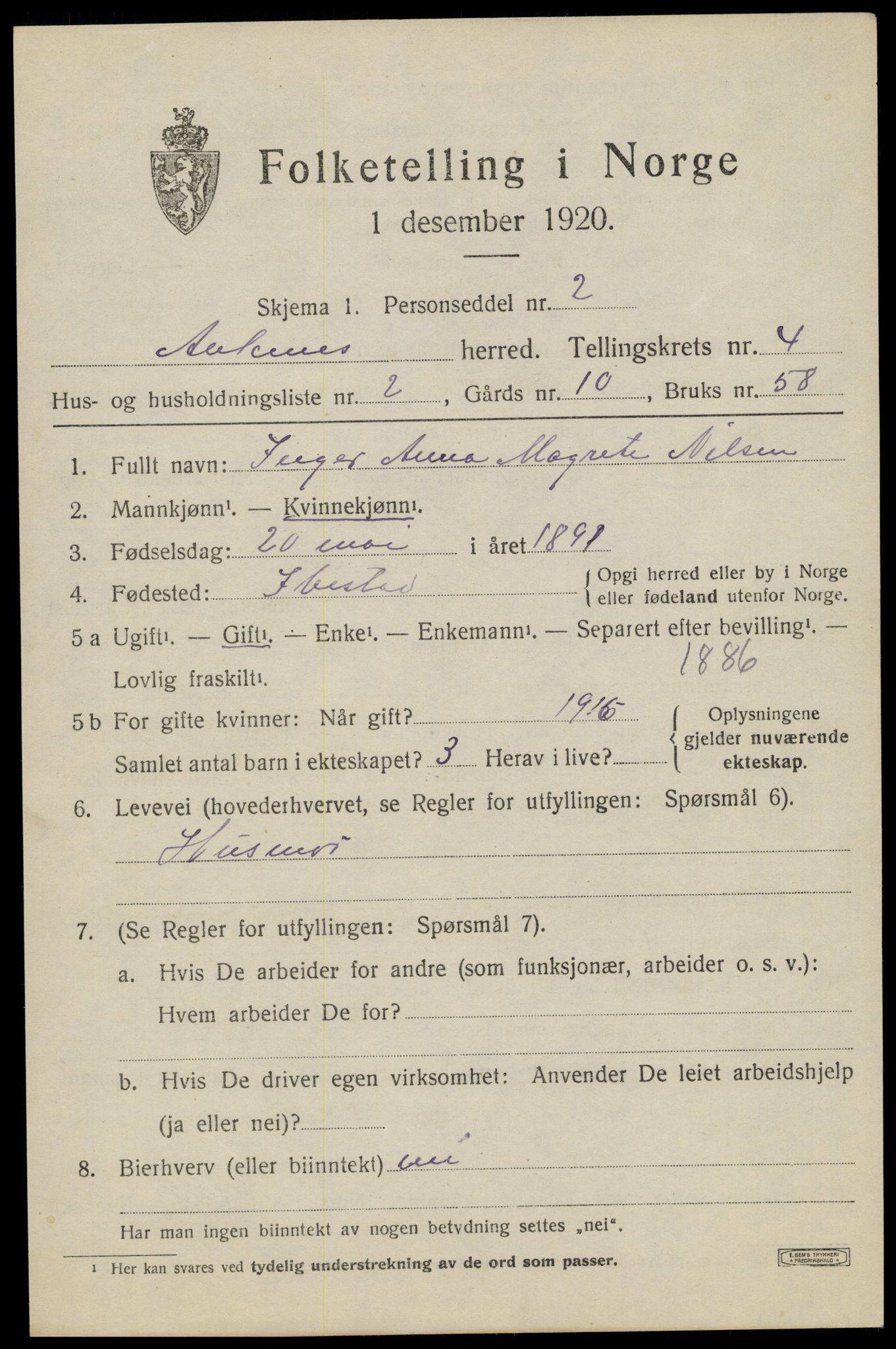 SAT, 1920 census for Ankenes, 1920, p. 2613