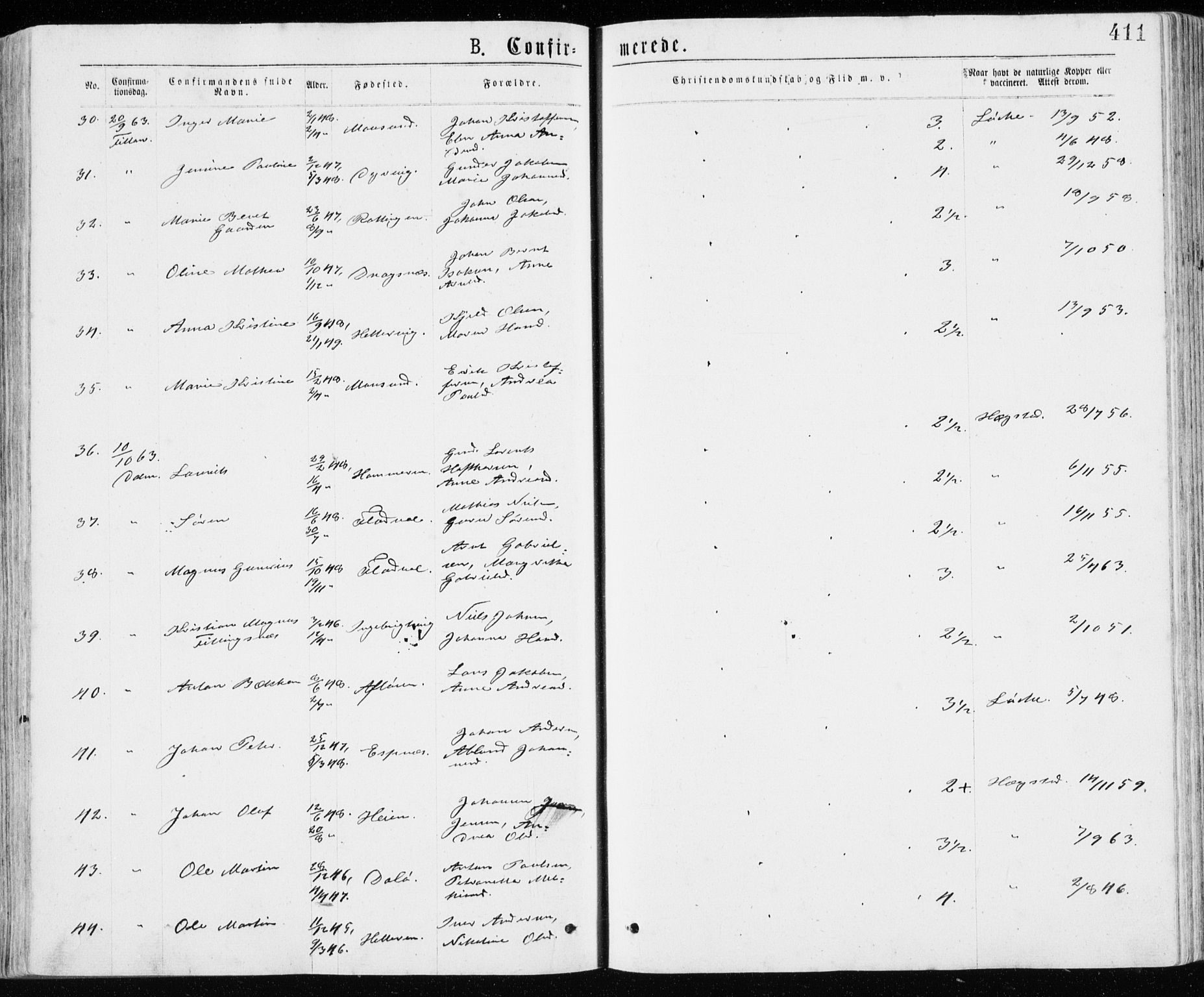 Ministerialprotokoller, klokkerbøker og fødselsregistre - Sør-Trøndelag, SAT/A-1456/640/L0576: Parish register (official) no. 640A01, 1846-1876, p. 411