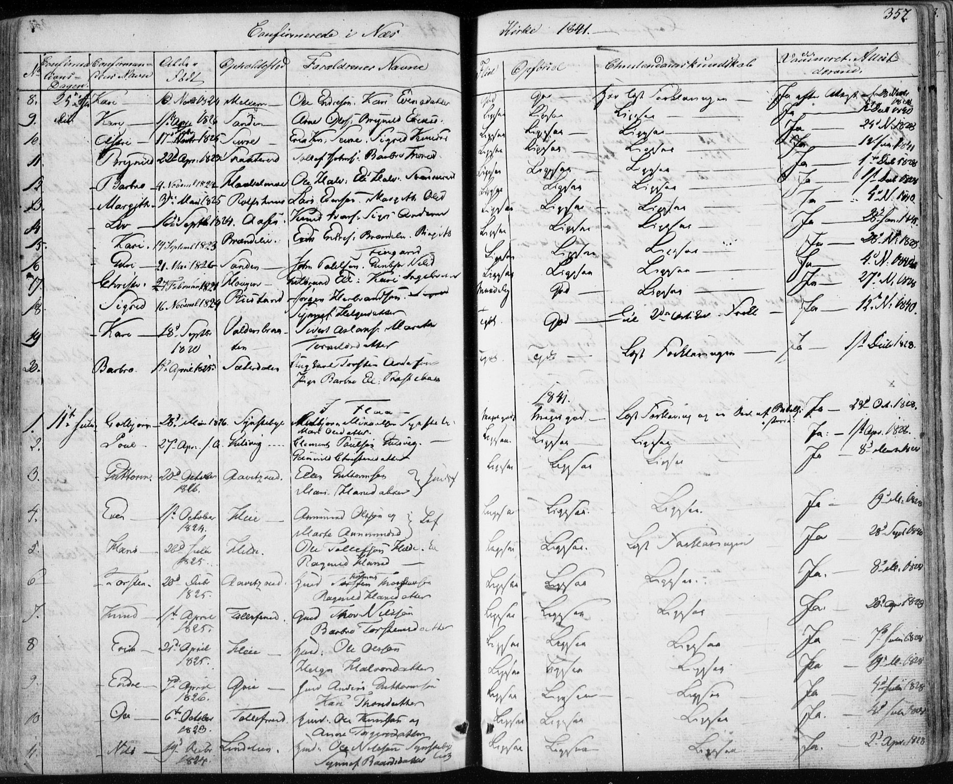Nes kirkebøker, SAKO/A-236/F/Fa/L0009: Parish register (official) no. 9, 1834-1863, p. 357