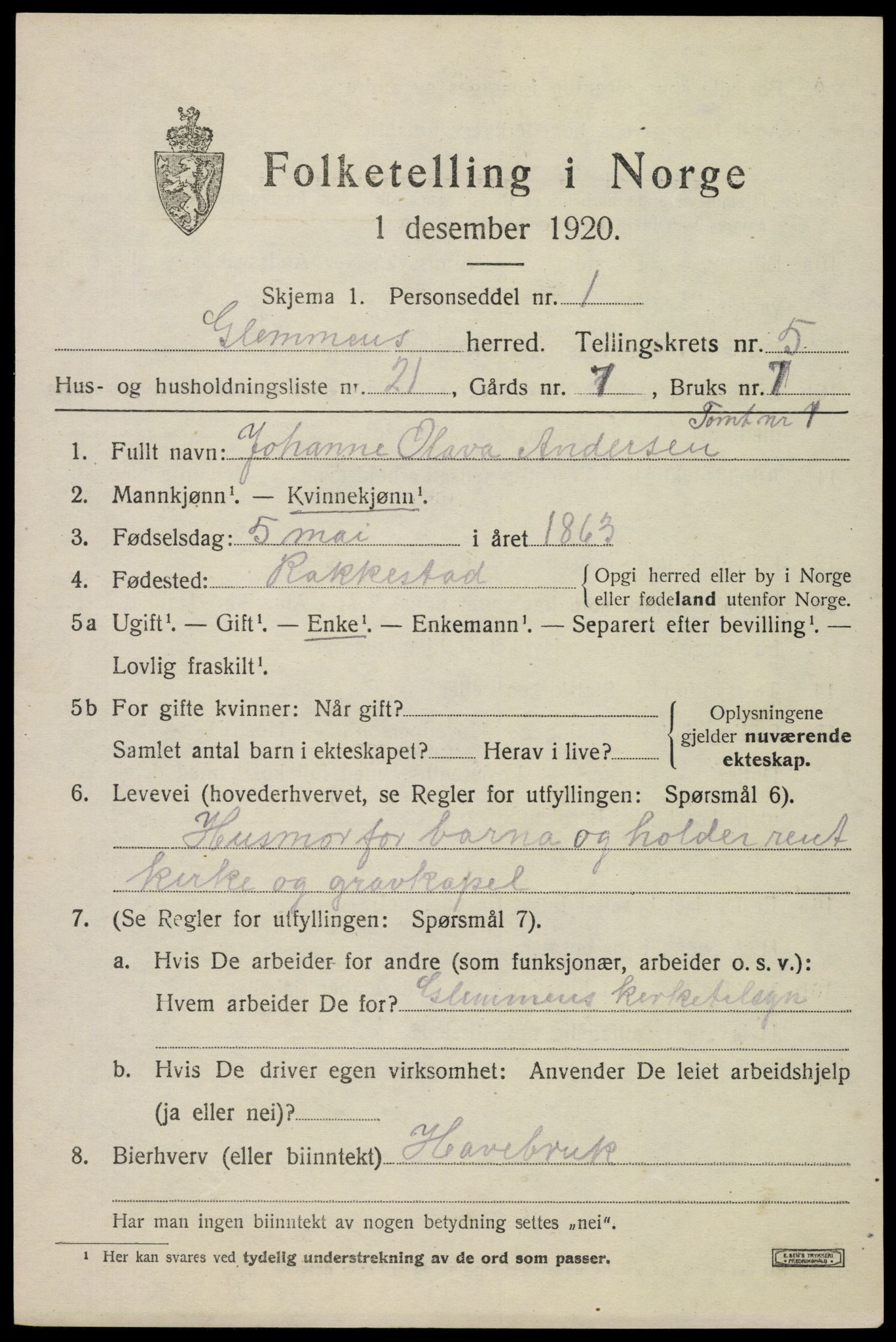 SAO, 1920 census for Glemmen, 1920, p. 17081