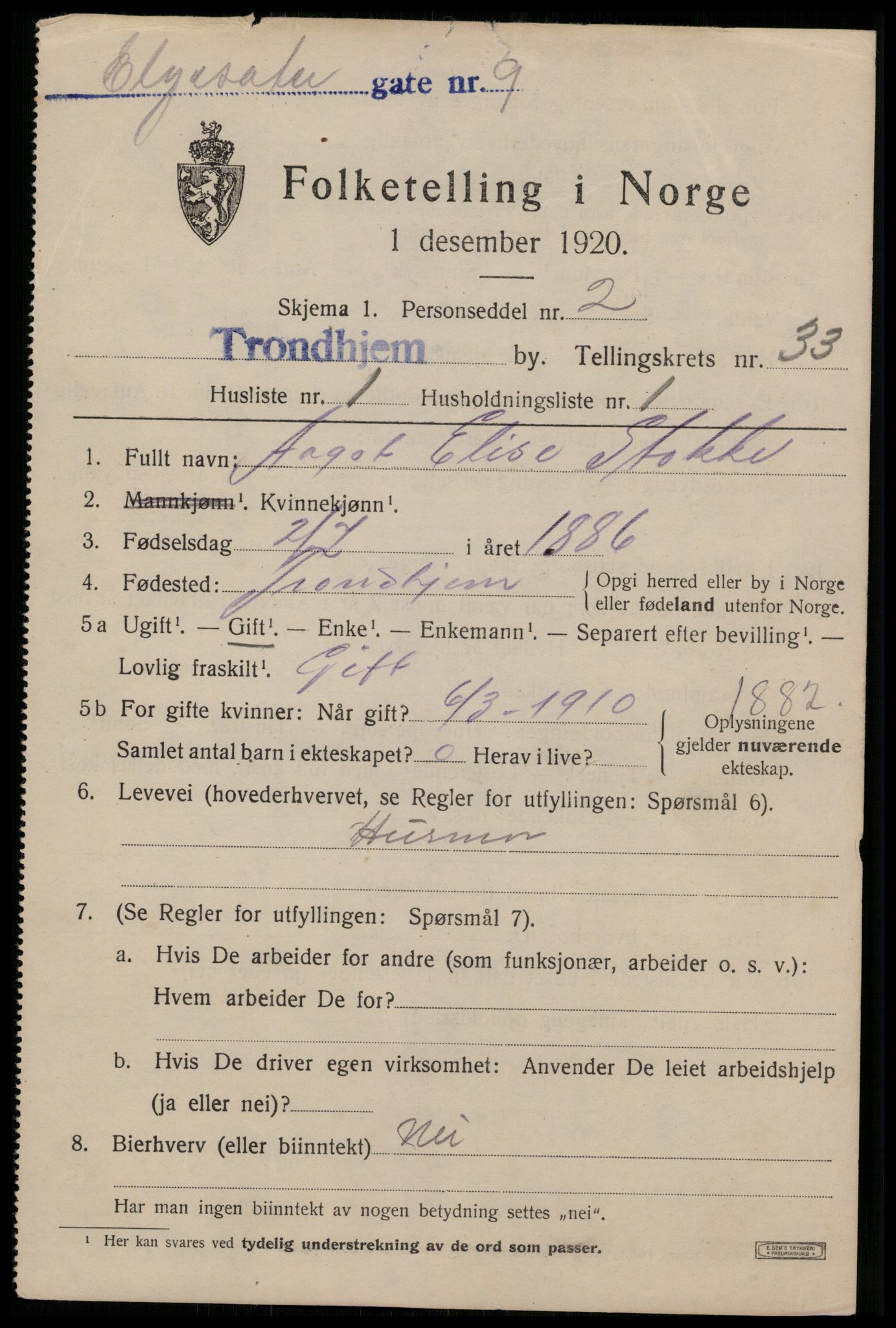 SAT, 1920 census for Trondheim, 1920, p. 78030