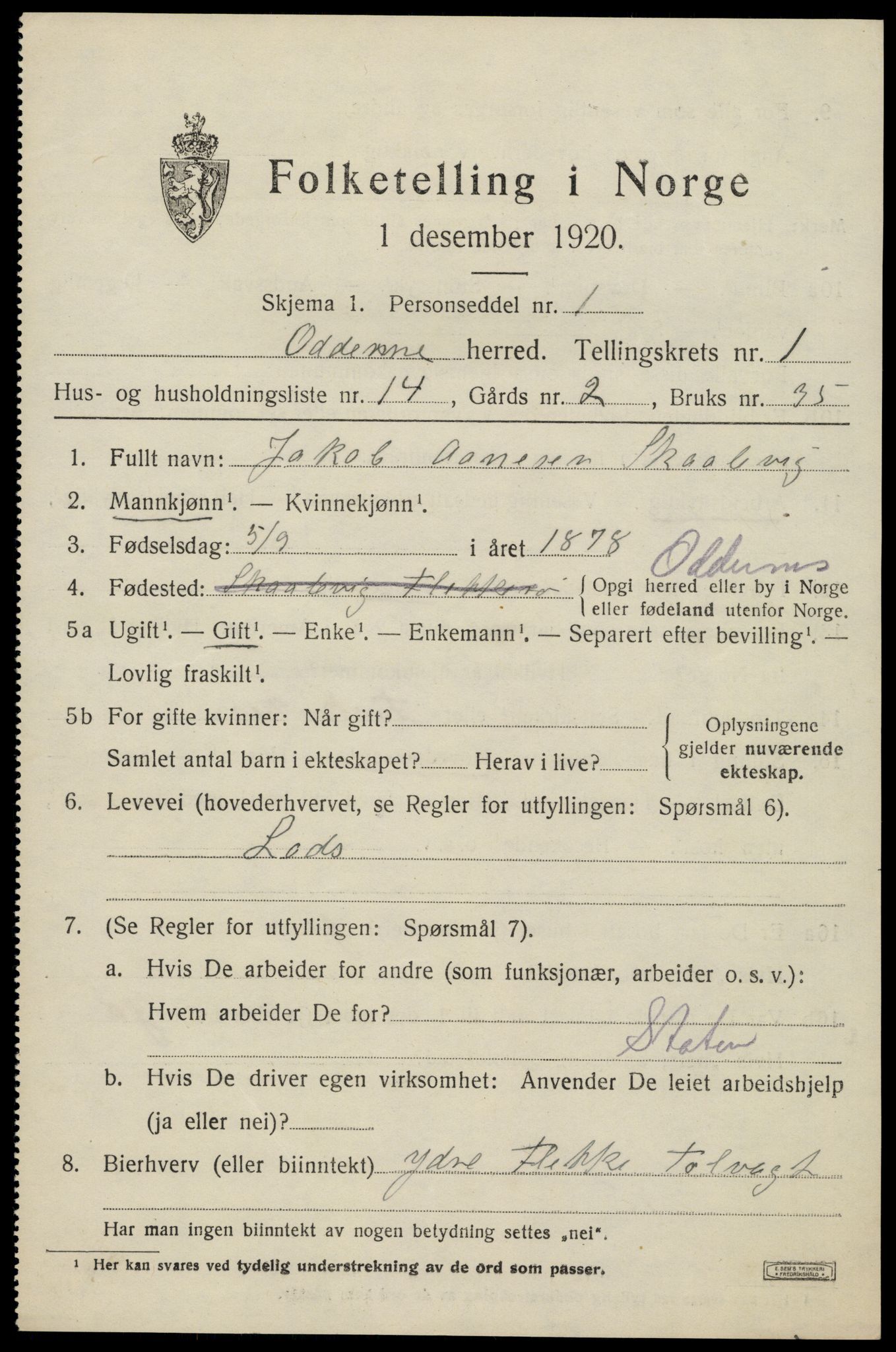 SAK, 1920 census for Oddernes, 1920, p. 2177