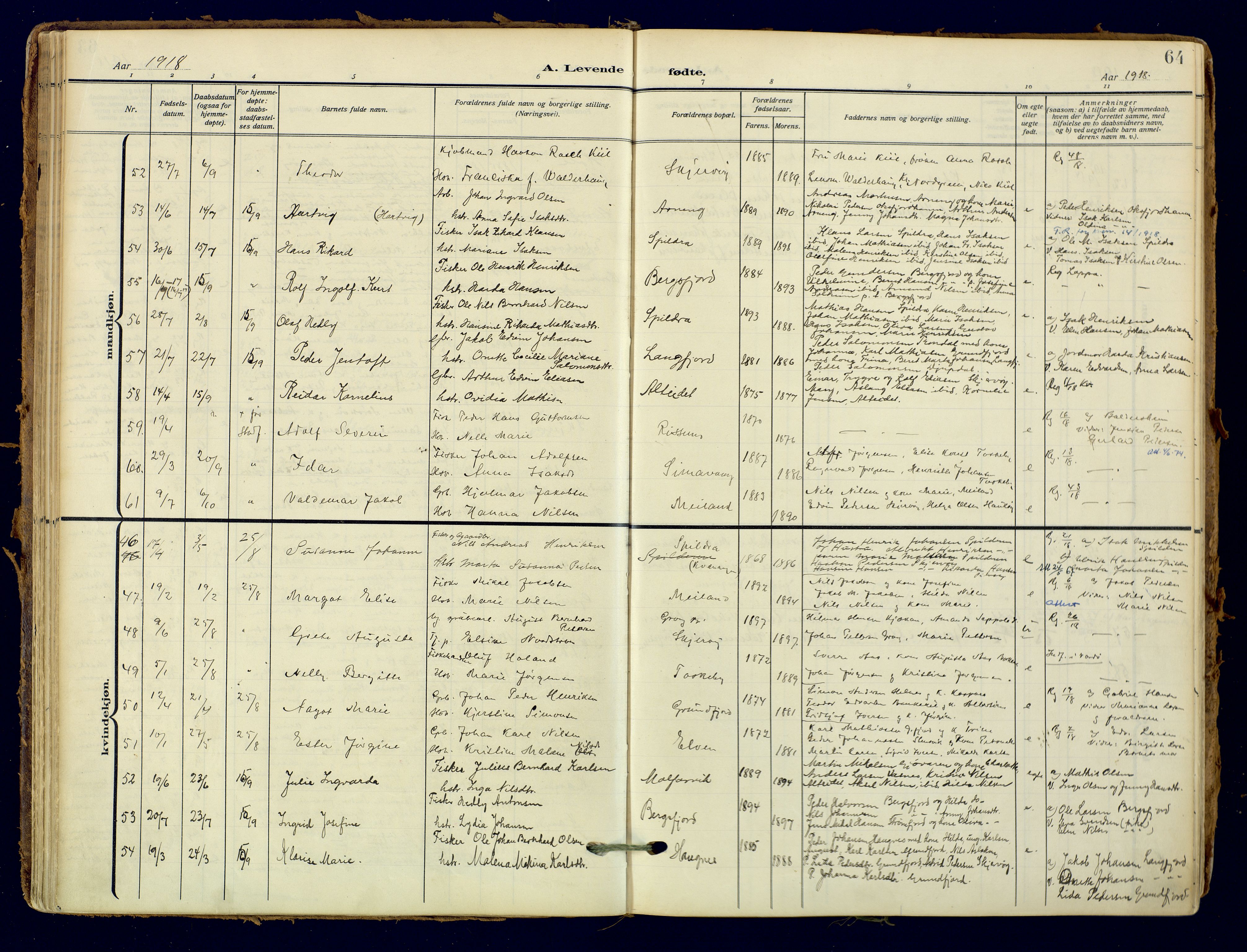 Skjervøy sokneprestkontor, AV/SATØ-S-1300/H/Ha/Haa: Parish register (official) no. 18, 1910-1926, p. 64