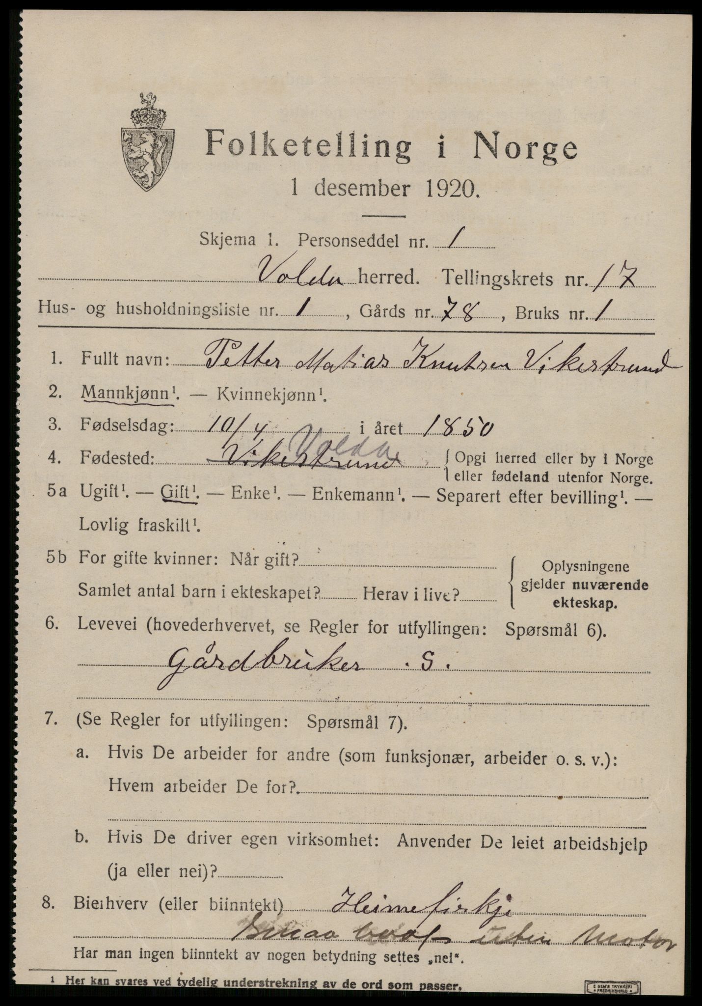 SAT, 1920 census for Volda, 1920, p. 9566