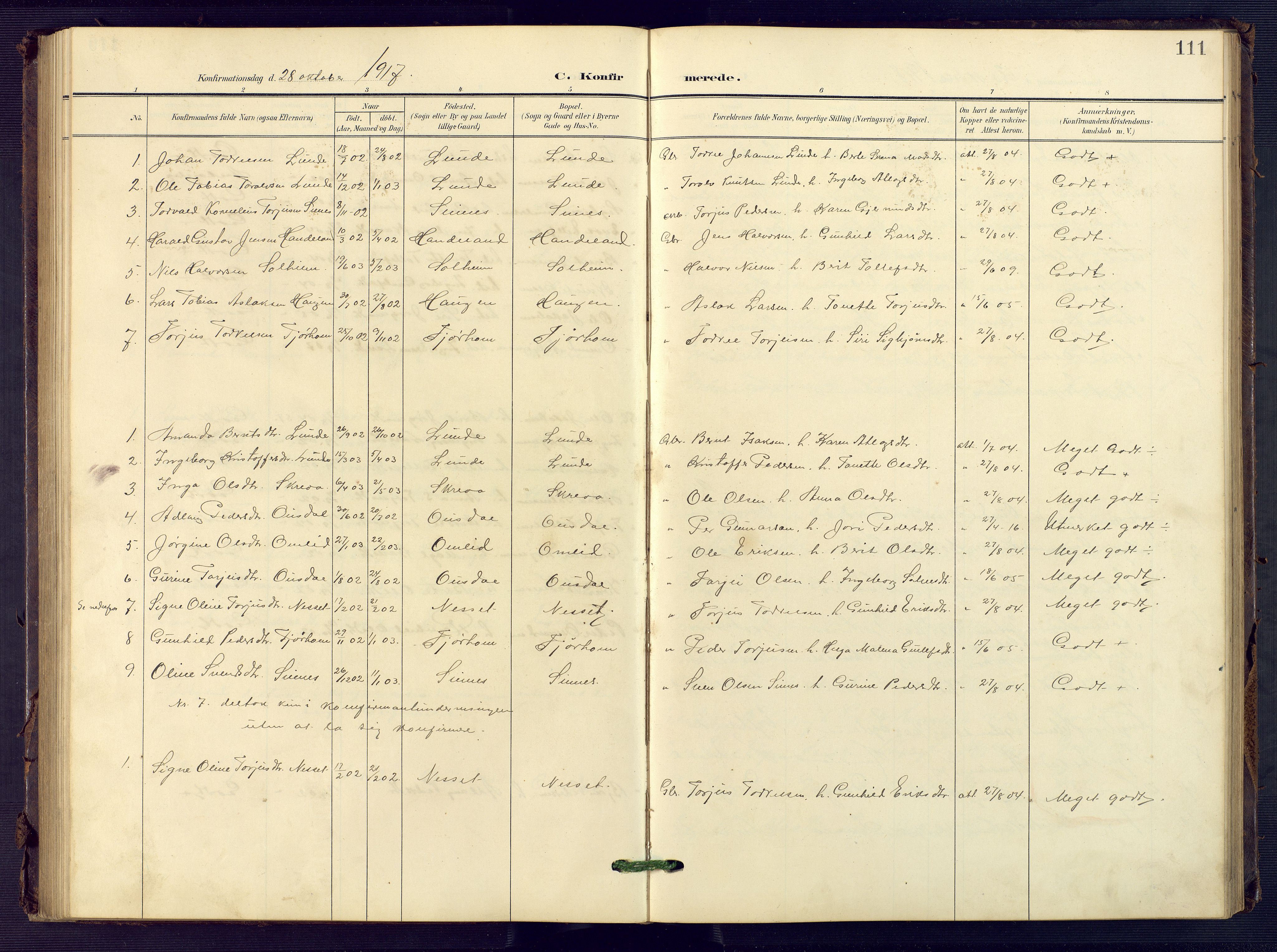 Sirdal sokneprestkontor, SAK/1111-0036/F/Fb/Fba/L0002: Parish register (copy) no. B 2, 1905-1958, p. 111