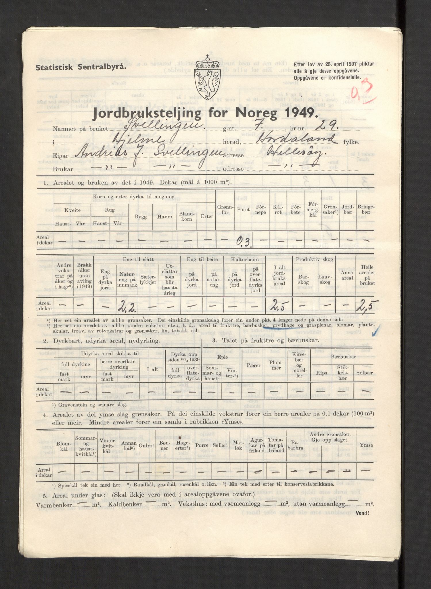 Statistisk sentralbyrå, Næringsøkonomiske emner, Jordbruk, skogbruk, jakt, fiske og fangst, AV/RA-S-2234/G/Gc/L0276: Hordaland: Herdla og Hjelme, 1949, p. 1130