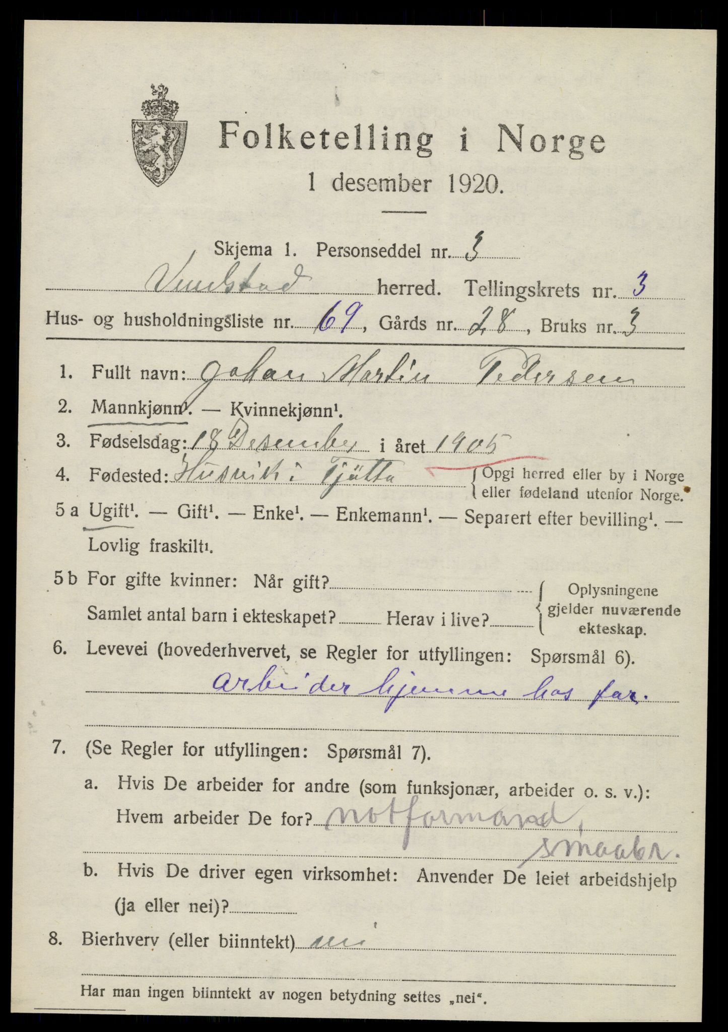 SAT, 1920 census for Vevelstad, 1920, p. 2614