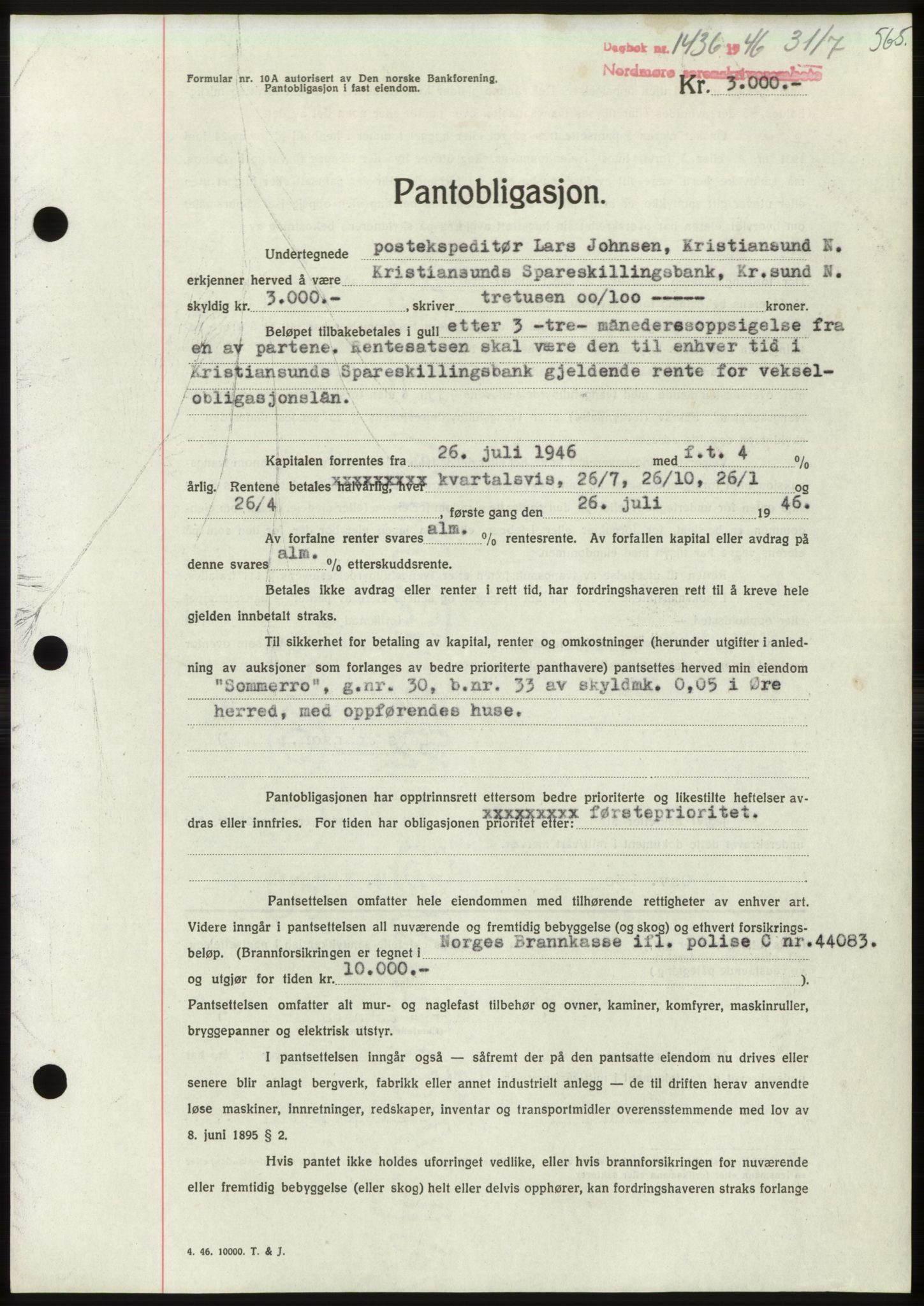 Nordmøre sorenskriveri, AV/SAT-A-4132/1/2/2Ca: Mortgage book no. B94, 1946-1946, Diary no: : 1436/1946