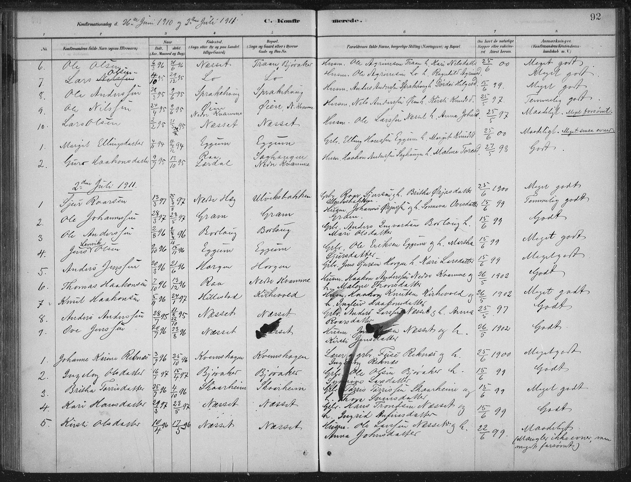 Lærdal sokneprestembete, SAB/A-81201: Parish register (official) no. C  1, 1878-1911, p. 92