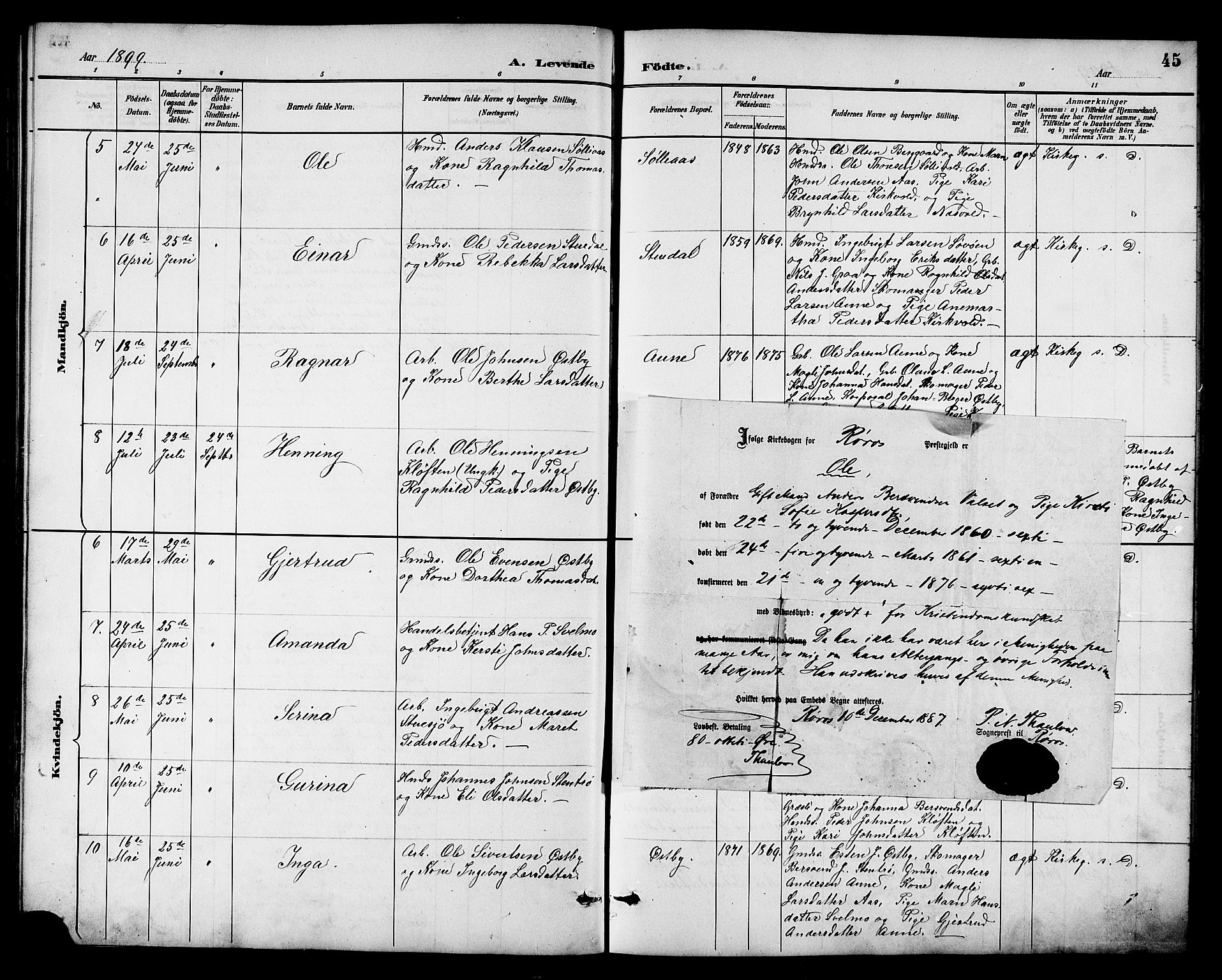 Ministerialprotokoller, klokkerbøker og fødselsregistre - Sør-Trøndelag, AV/SAT-A-1456/698/L1167: Parish register (copy) no. 698C04, 1888-1907, p. 45