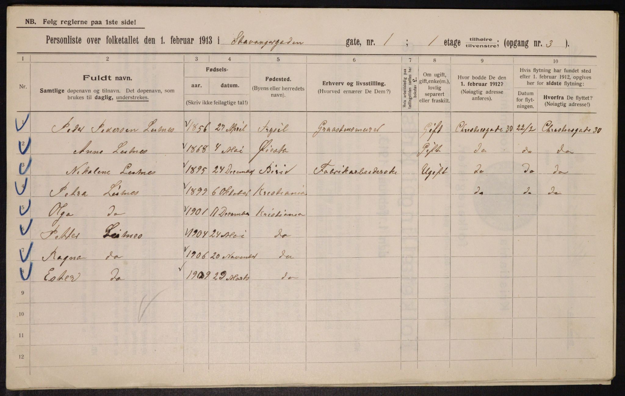 OBA, Municipal Census 1913 for Kristiania, 1913, p. 100695