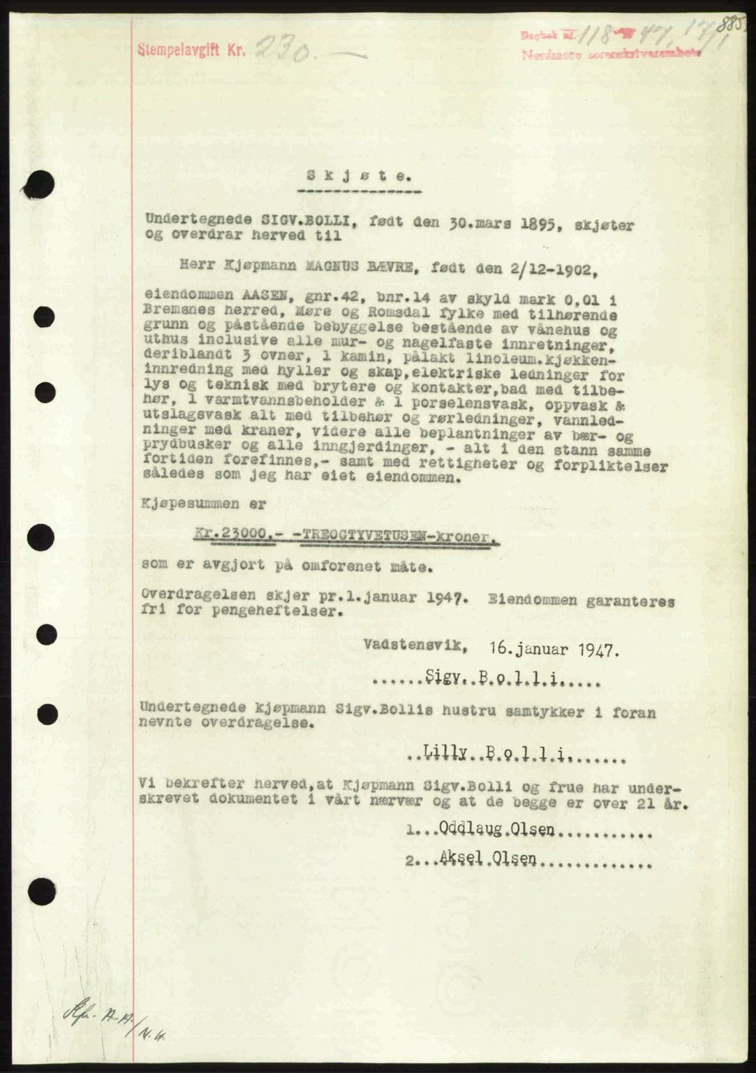 Nordmøre sorenskriveri, AV/SAT-A-4132/1/2/2Ca: Mortgage book no. A103, 1946-1947, Diary no: : 118/1947