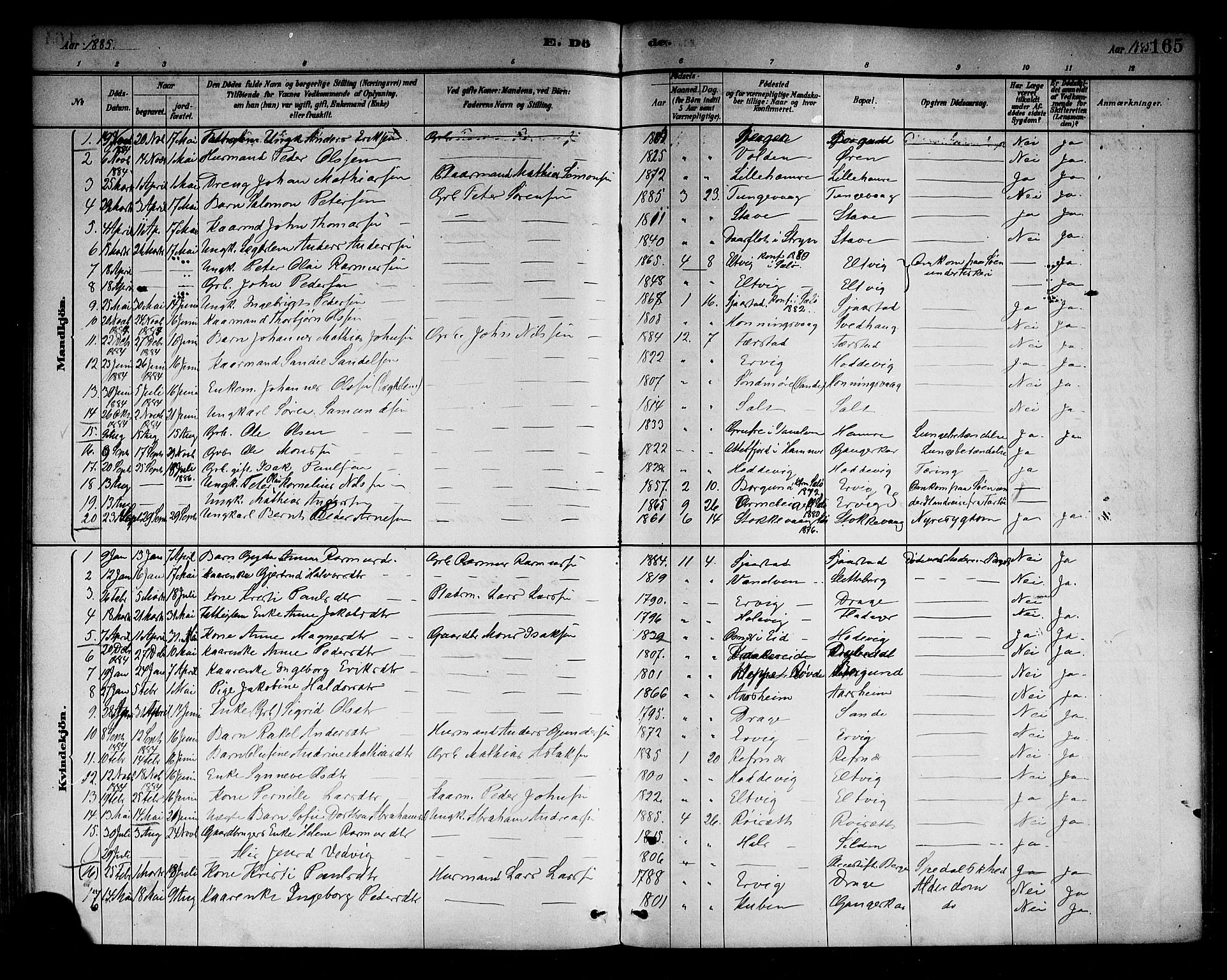 Selje sokneprestembete, SAB/A-99938/H/Ha/Haa/Haab: Parish register (official) no. B 1, 1881-1890, p. 165