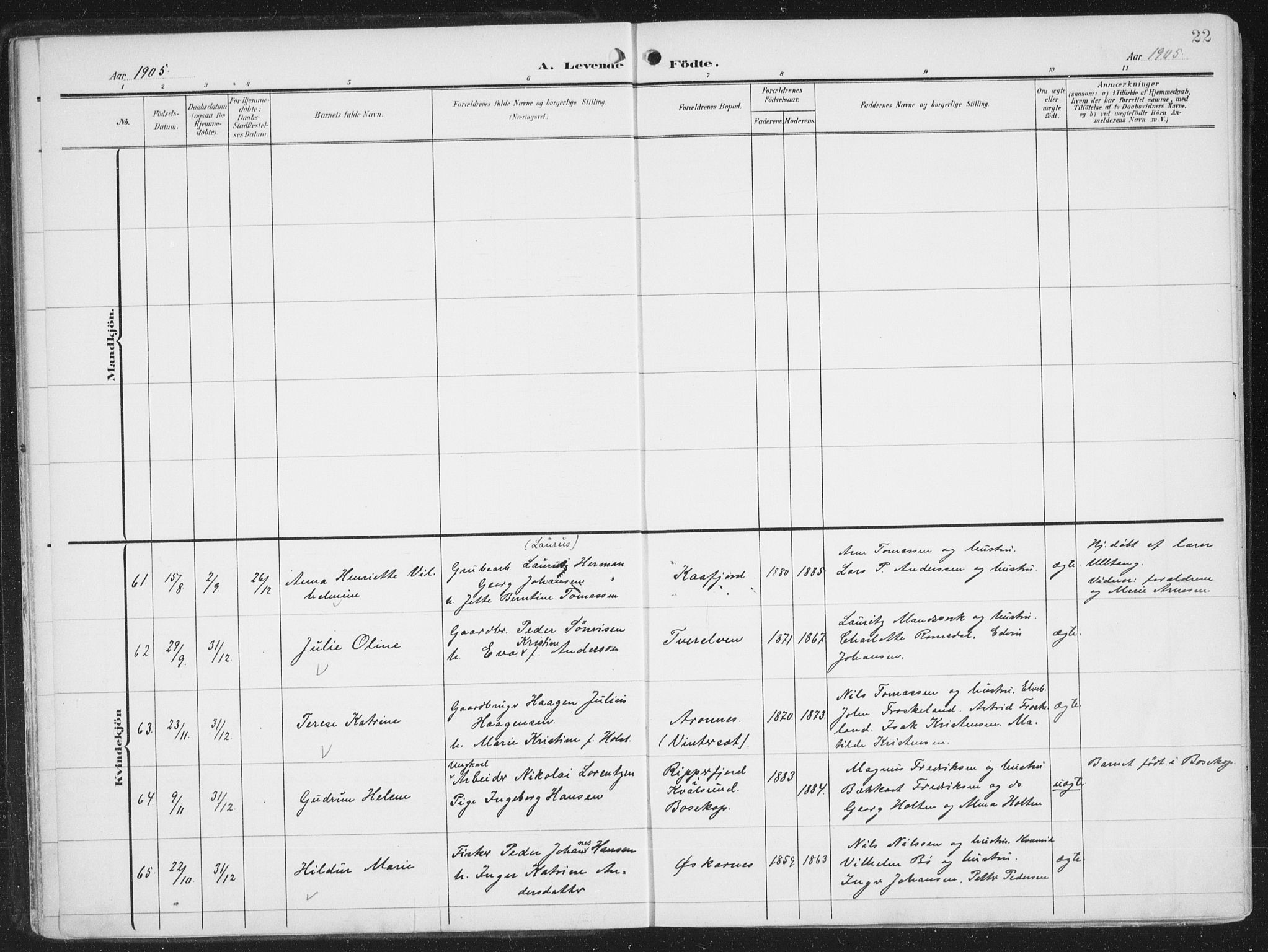 Alta sokneprestkontor, AV/SATØ-S-1338/H/Ha/L0005.kirke: Parish register (official) no. 5, 1904-1918, p. 22