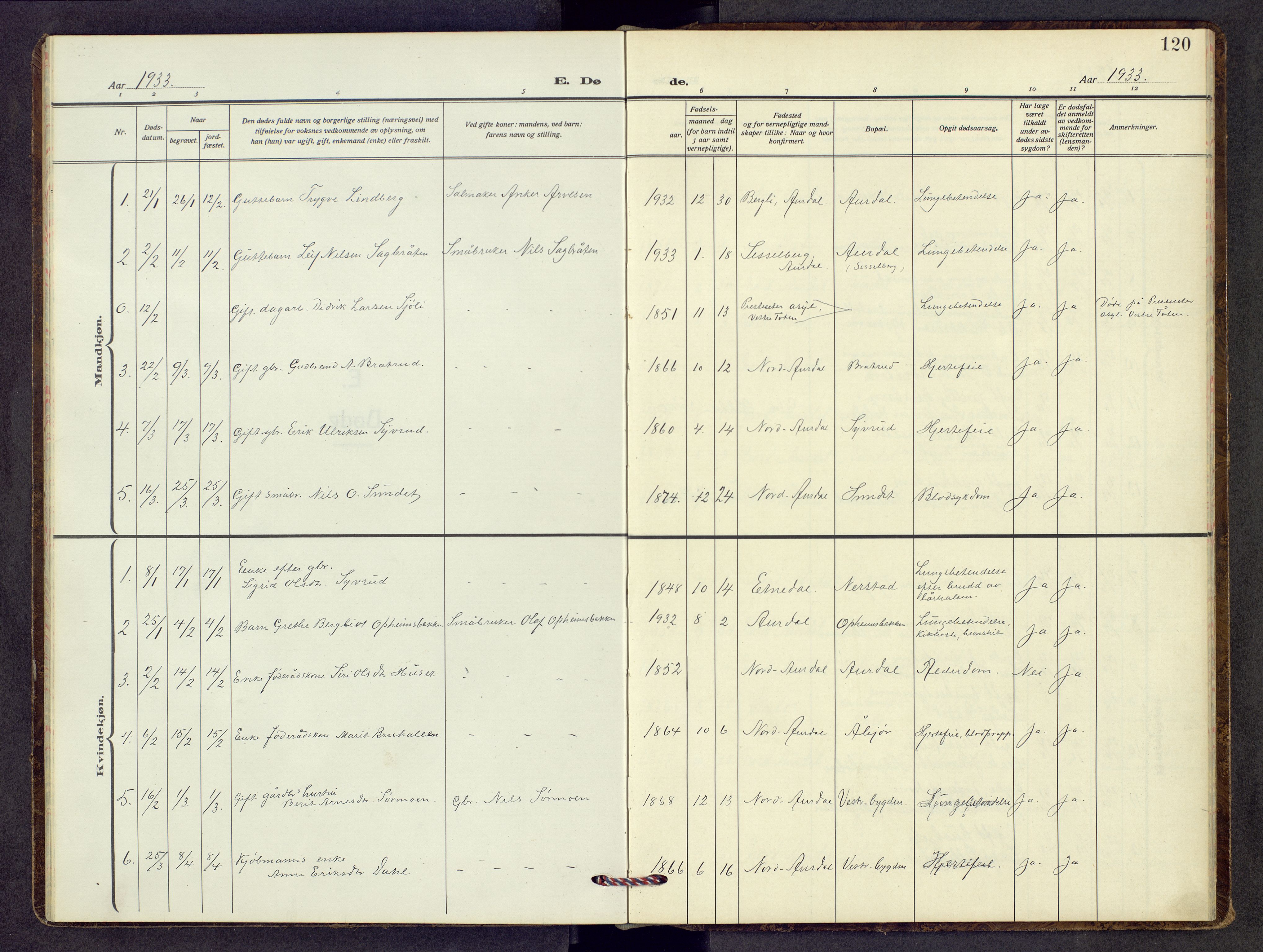 Nord-Aurdal prestekontor, SAH/PREST-132/H/Ha/Hab/L0017: Parish register (copy) no. 17, 1933-1946, p. 120