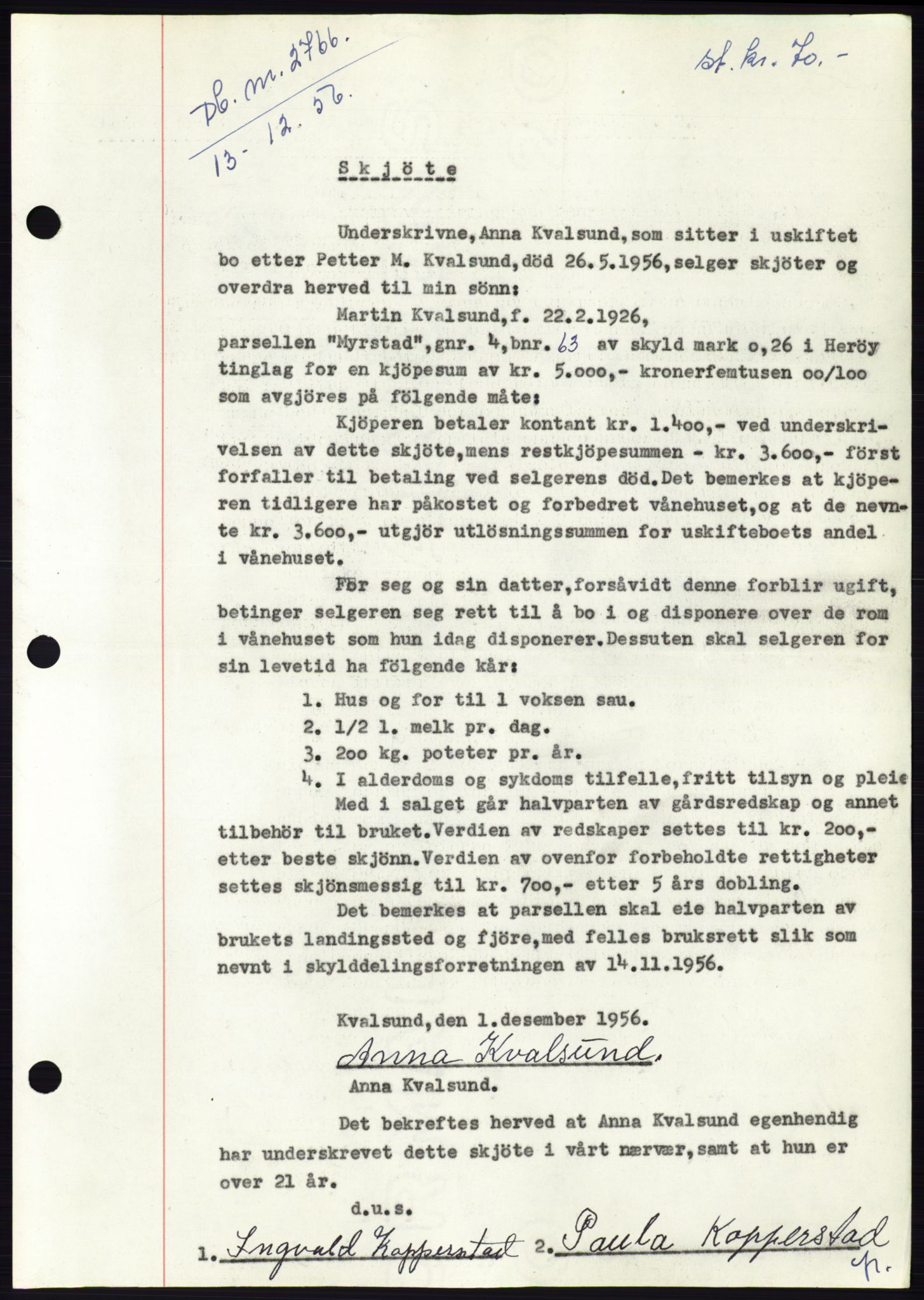 Søre Sunnmøre sorenskriveri, AV/SAT-A-4122/1/2/2C/L0105: Mortgage book no. 31A, 1956-1957, Diary no: : 2766/1956