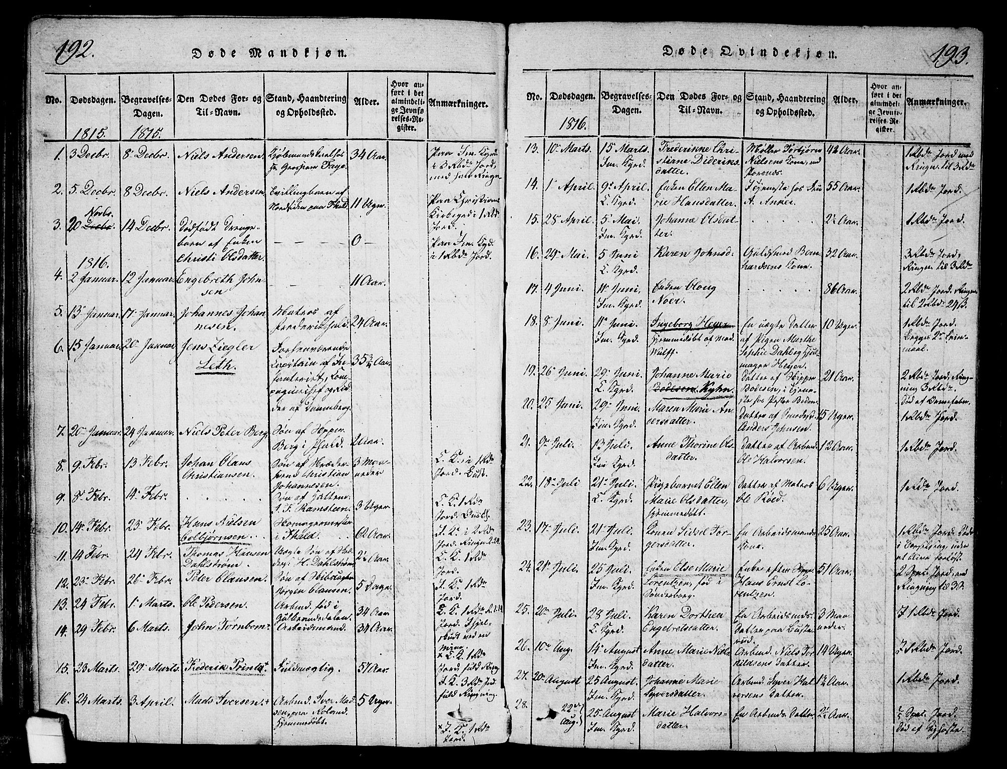 Halden prestekontor Kirkebøker, AV/SAO-A-10909/G/Ga/L0001: Parish register (copy) no. 1, 1815-1833, p. 192-193