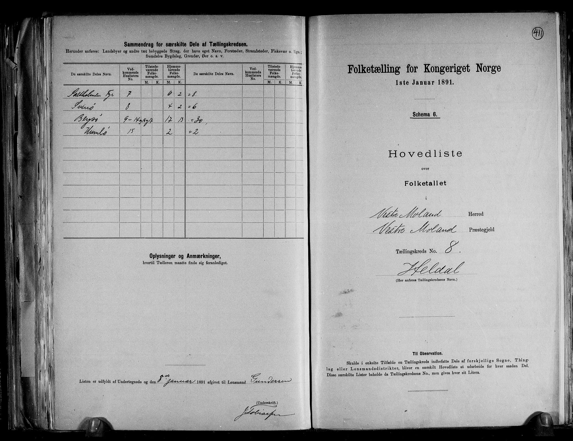 RA, 1891 census for 0926 Vestre Moland, 1891, p. 20