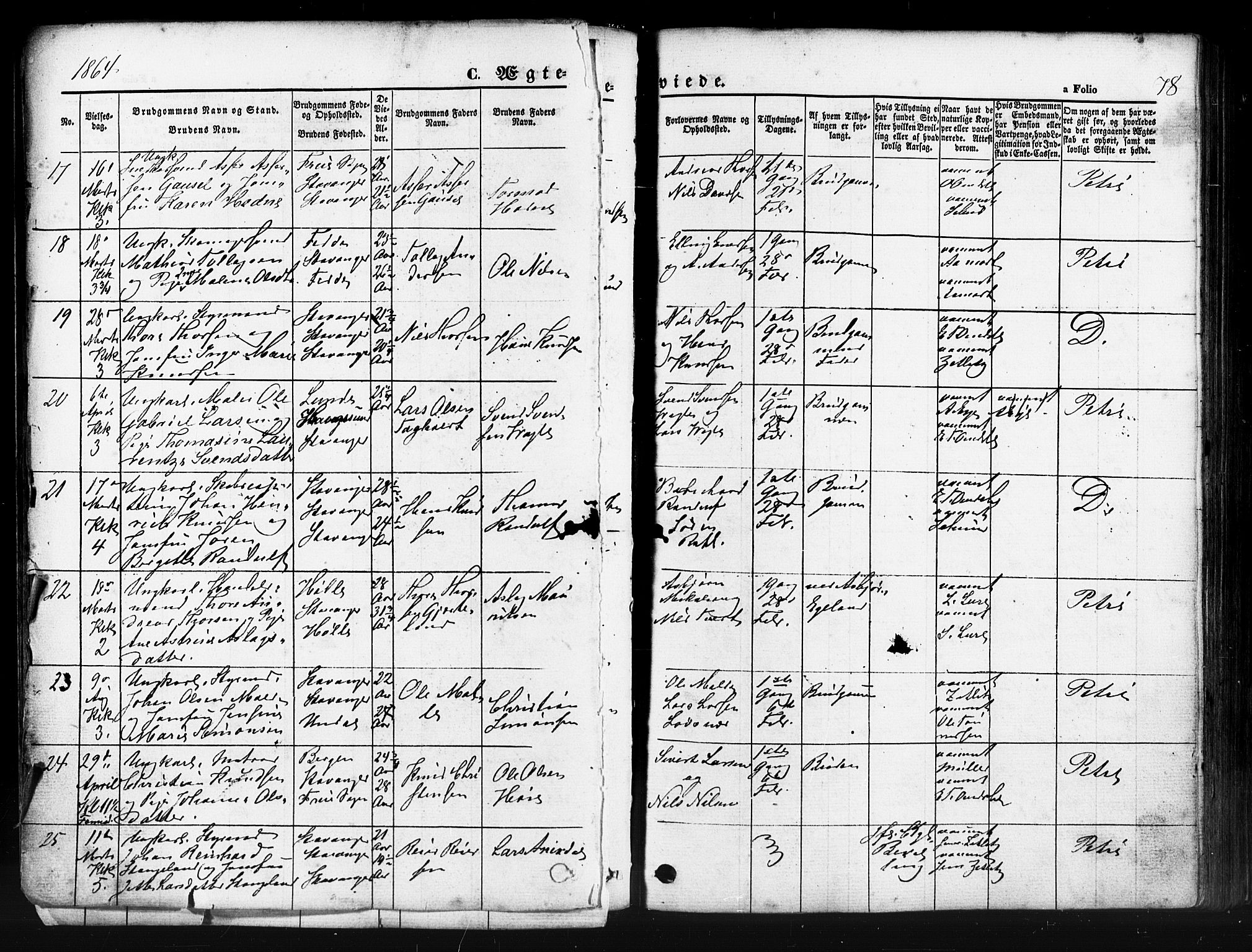 Domkirken sokneprestkontor, SAST/A-101812/001/30/30BB/L0011: Parish register (copy) no. B 11, 1858-1876, p. 78