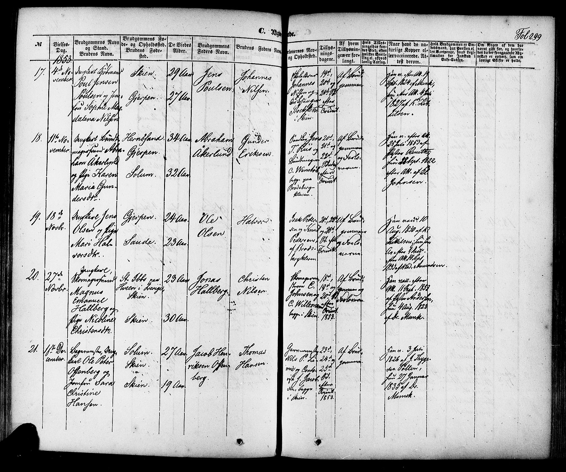 Skien kirkebøker, SAKO/A-302/F/Fa/L0006a: Parish register (official) no. 6A, 1843-1856, p. 299