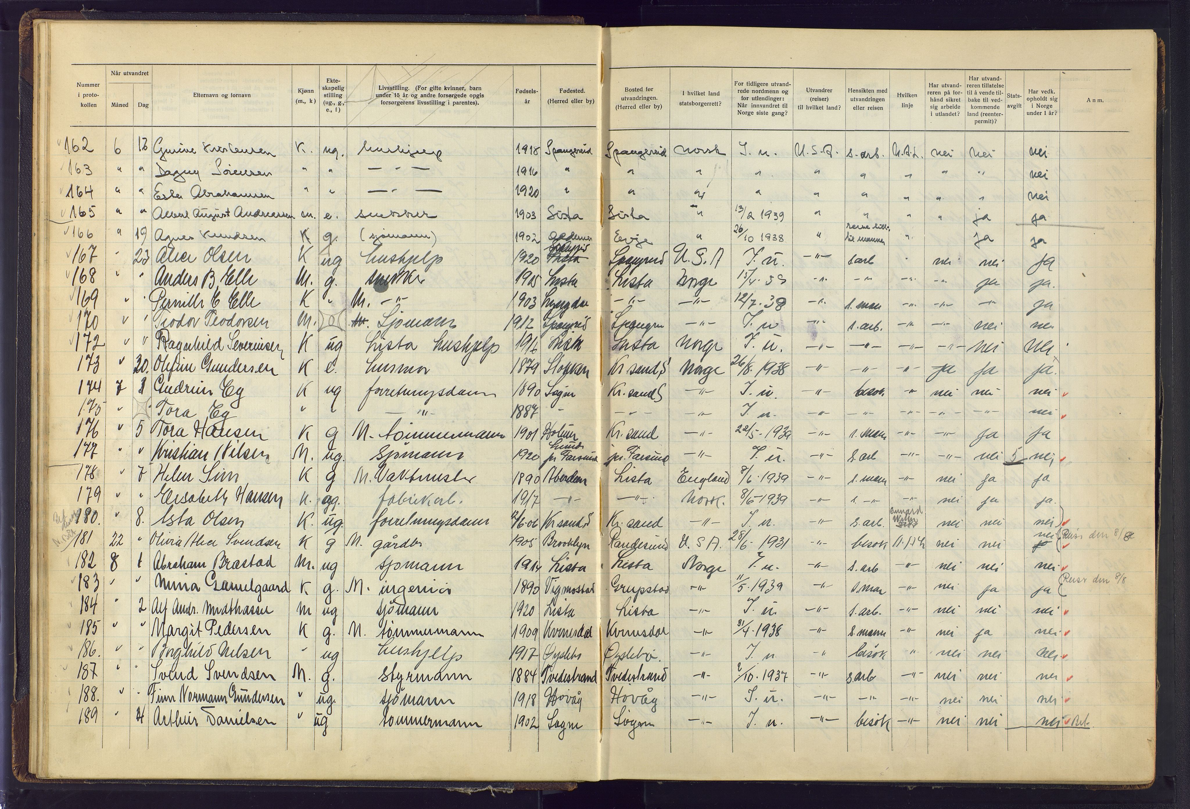 Kristiansand politikammer, AV/SAK-1243-0004/K/Kb/L0248: Emigrantprotokoll, 1938-1951, p. 23