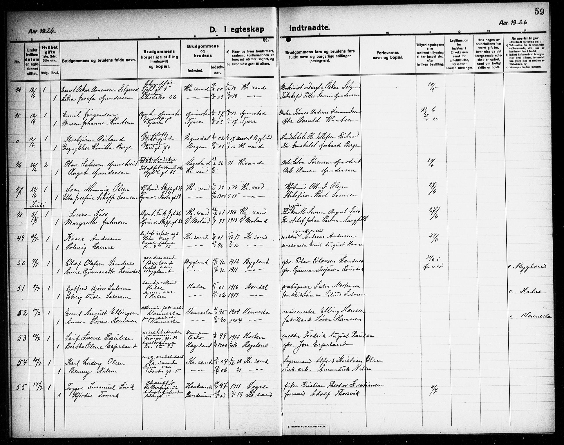 Kristiansand domprosti, AV/SAK-1112-0006/F/Fb/L0023: Parish register (copy) no. B 23, 1921-1937, p. 59