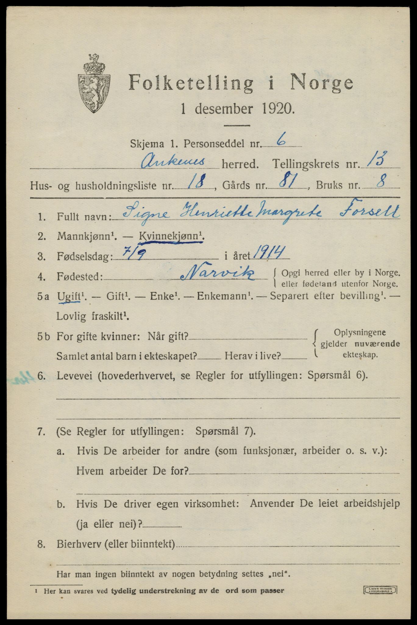 SAT, 1920 census for Ankenes, 1920, p. 6807