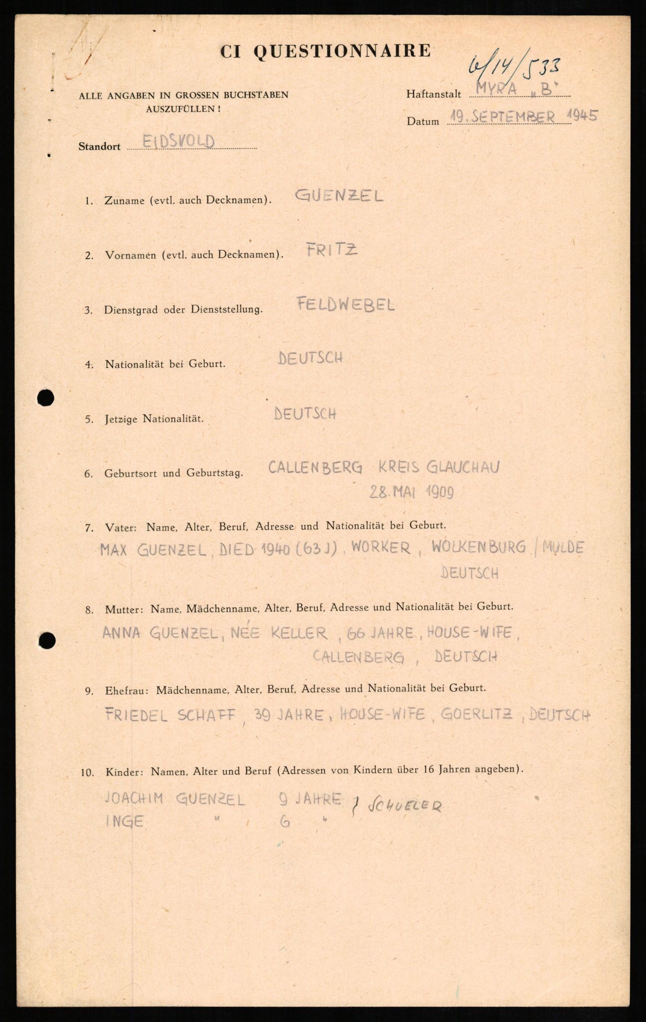 Forsvaret, Forsvarets overkommando II, RA/RAFA-3915/D/Db/L0010: CI Questionaires. Tyske okkupasjonsstyrker i Norge. Tyskere., 1945-1946, p. 613