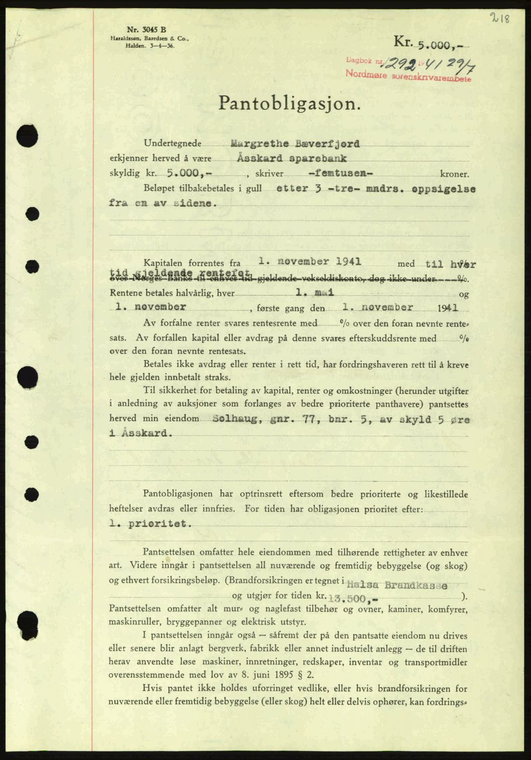 Nordmøre sorenskriveri, AV/SAT-A-4132/1/2/2Ca: Mortgage book no. B88, 1941-1942, Diary no: : 1292/1941