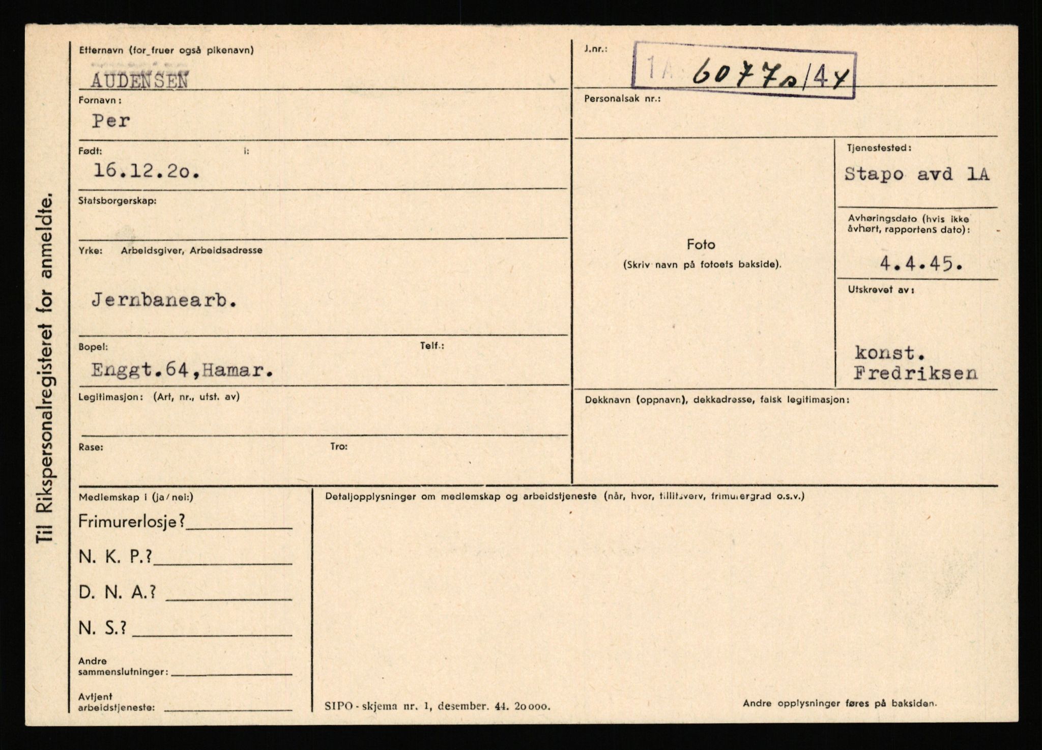 Statspolitiet - Hovedkontoret / Osloavdelingen, AV/RA-S-1329/C/Ca/L0002: Arneberg - Brand, 1943-1945, p. 608