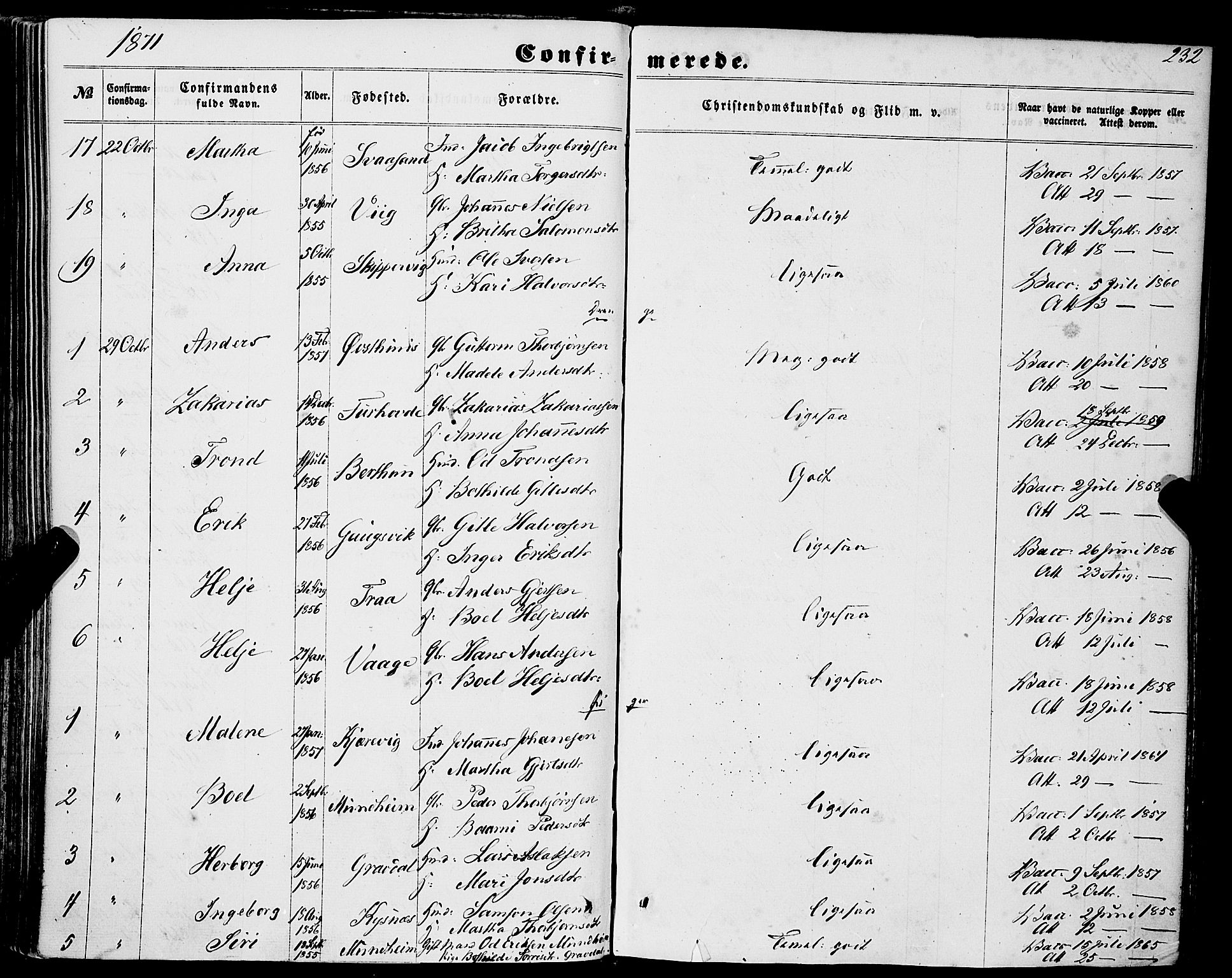 Strandebarm sokneprestembete, SAB/A-78401/H/Haa: Parish register (official) no. A 8, 1858-1872, p. 232
