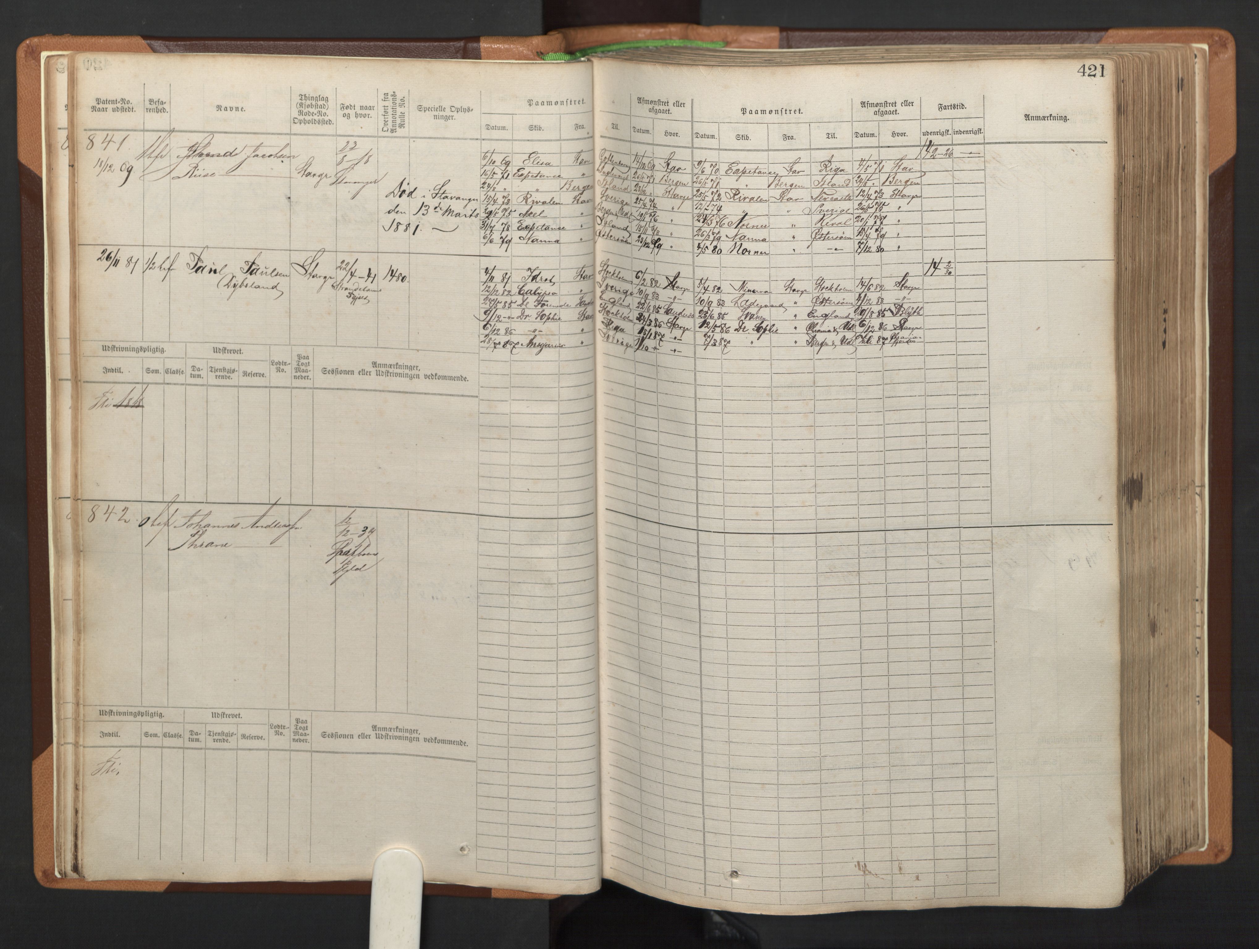 Stavanger sjømannskontor, AV/SAST-A-102006/F/Fb/Fbb/L0005: Sjøfartshovedrulle, patentnr. 793-1606 (del 2), 1869-1880, p. 27