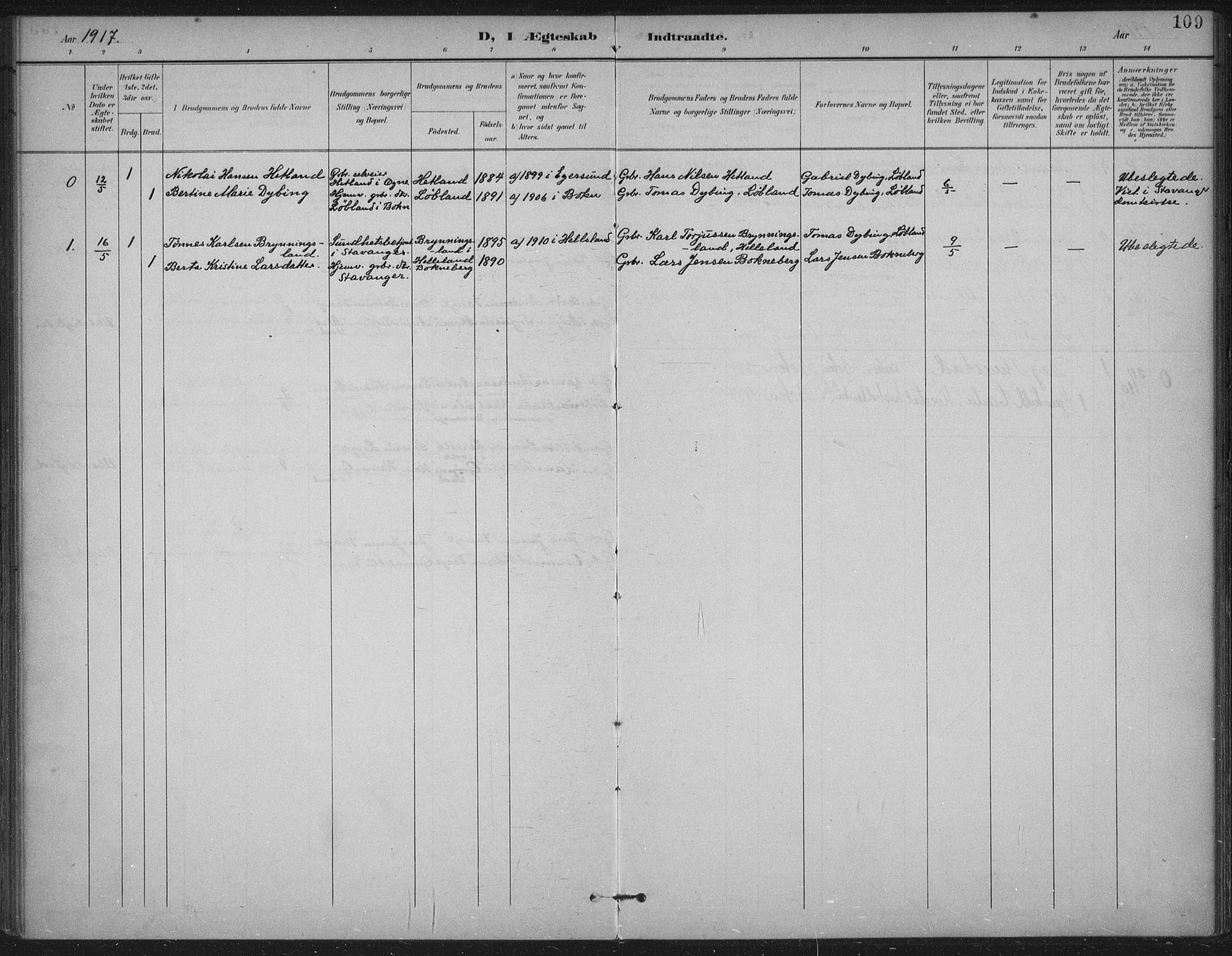 Tysvær sokneprestkontor, AV/SAST-A -101864/H/Ha/Haa/L0009: Parish register (official) no. A 9, 1898-1925, p. 109