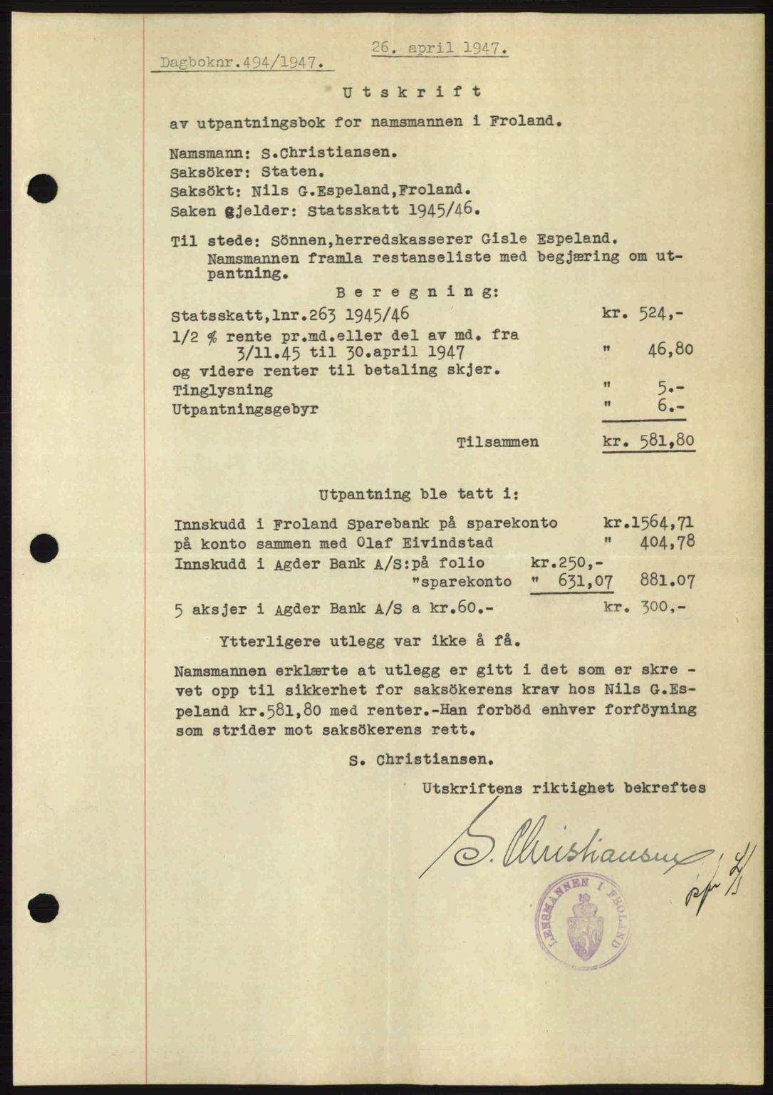 Nedenes sorenskriveri, SAK/1221-0006/G/Gb/Gba/L0057: Mortgage book no. A9, 1947-1947, Diary no: : 494/1947