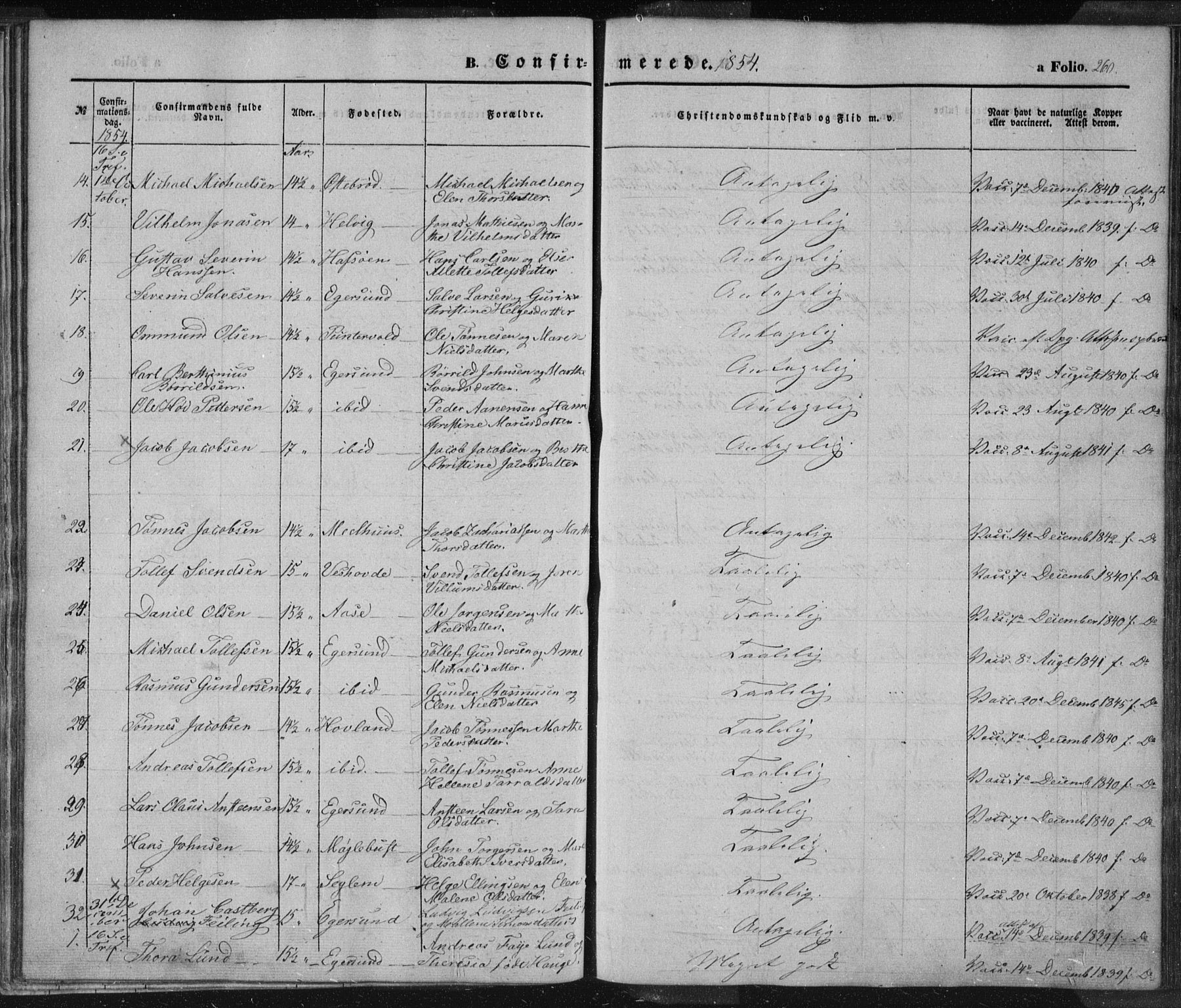 Eigersund sokneprestkontor, SAST/A-101807/S08/L0012: Parish register (official) no. A 12.1, 1850-1865, p. 260