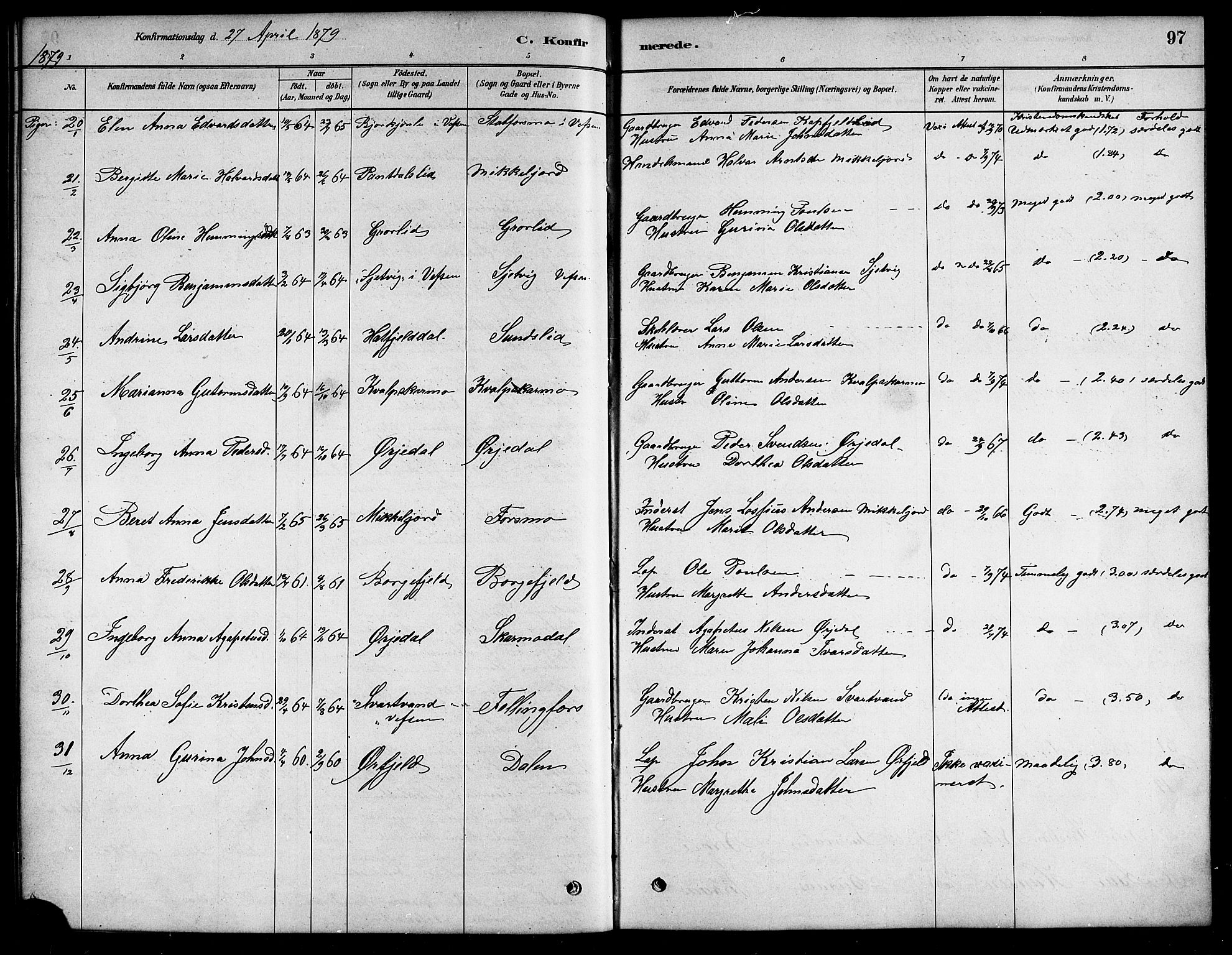Ministerialprotokoller, klokkerbøker og fødselsregistre - Nordland, SAT/A-1459/823/L0330: Parish register (copy) no. 823C02, 1879-1916, p. 97