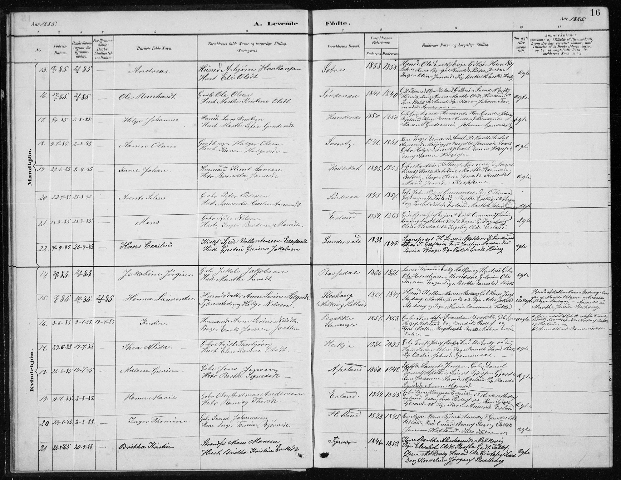 Tysvær sokneprestkontor, SAST/A -101864/H/Ha/Hab/L0004: Parish register (copy) no. B 4, 1883-1896, p. 16