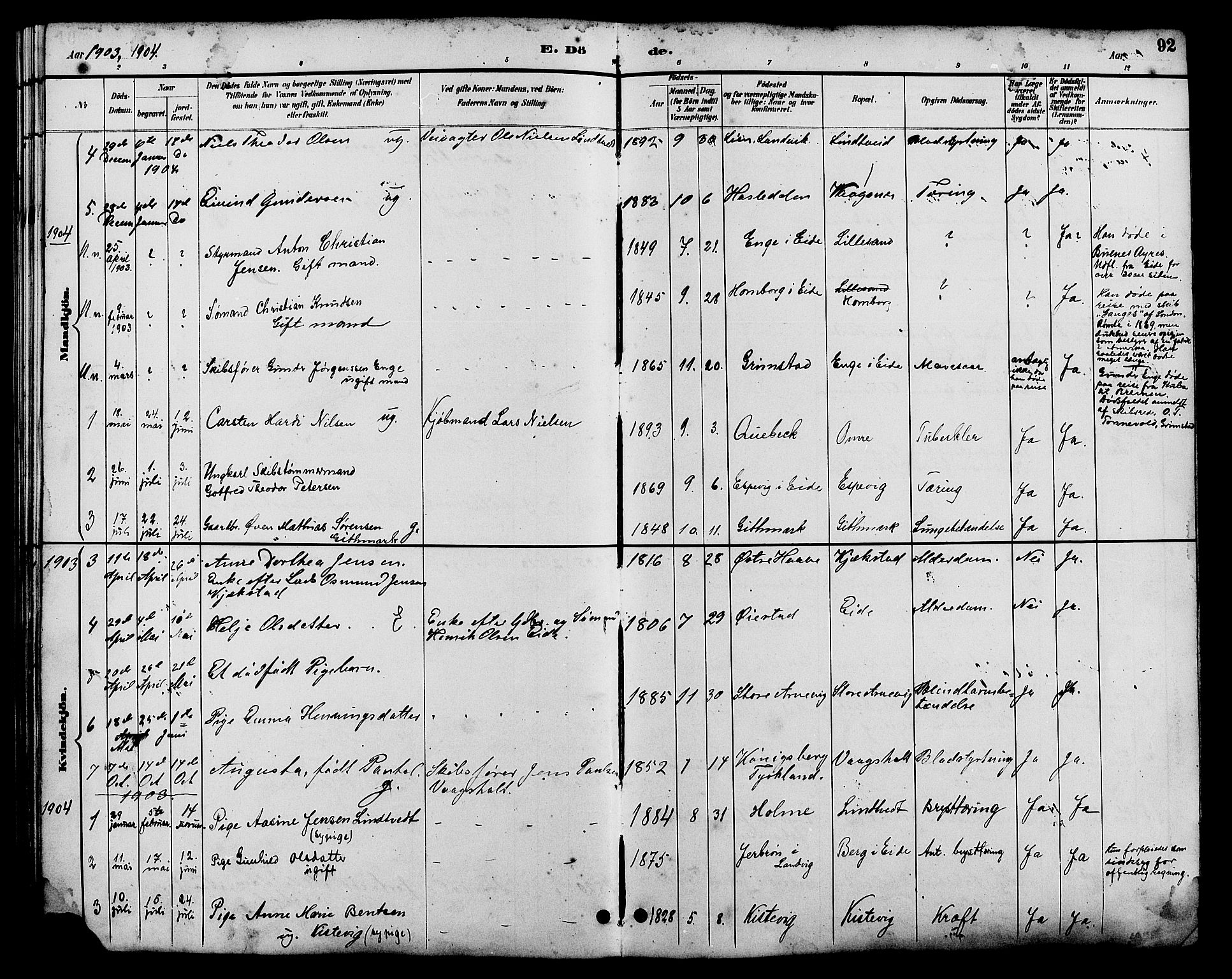 Hommedal sokneprestkontor, AV/SAK-1111-0023/F/Fb/Fba/L0004: Parish register (copy) no. B 4, 1885-1908, p. 92